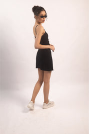 BLACK RUCHED MINI DRESS