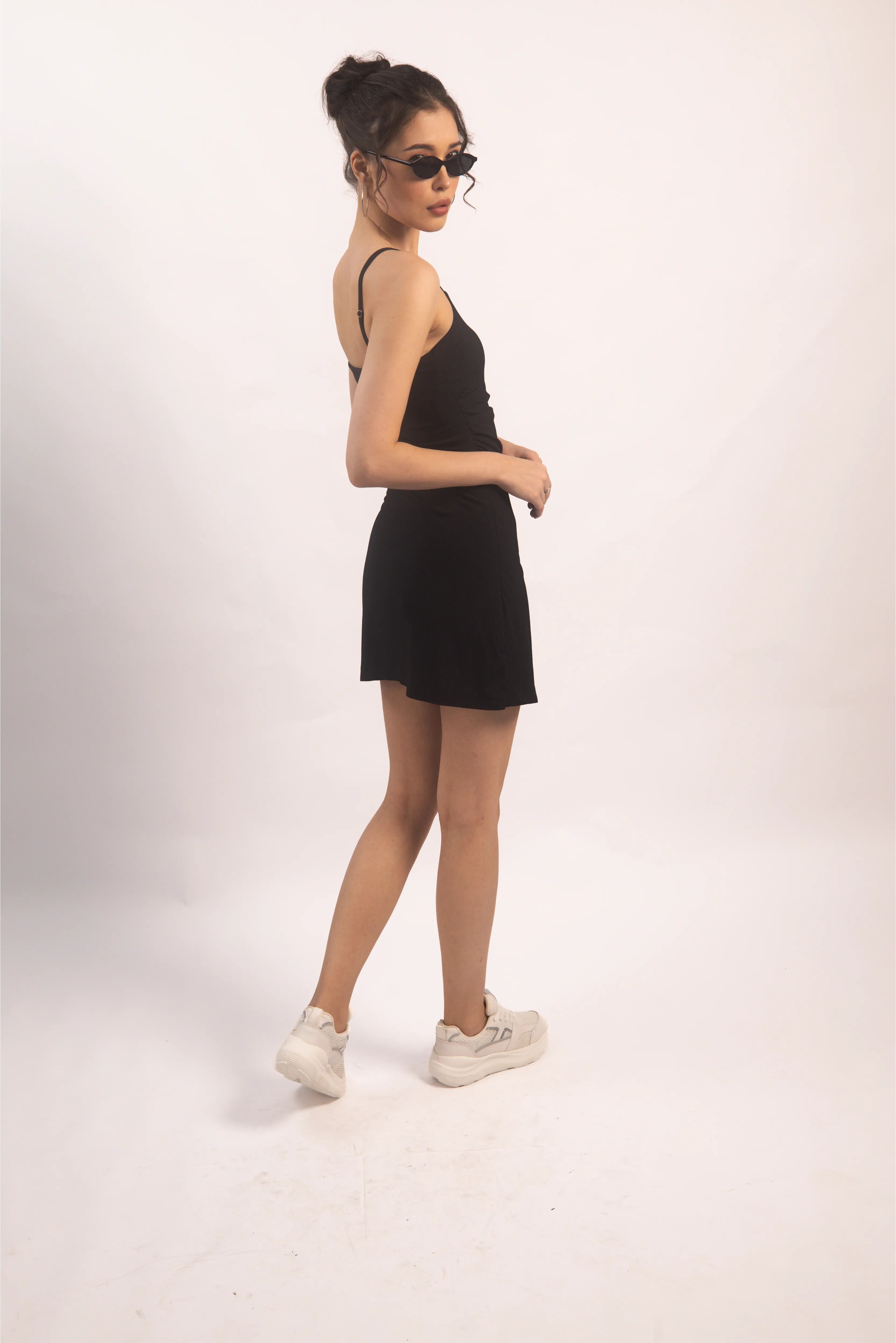 BLACK RUCHED MINI DRESS