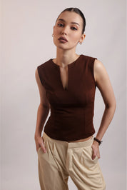 CHOCOLATE BROWN SPLIT NECK TOP