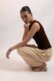 CHOCOLATE BROWN SPLIT NECK TOP
