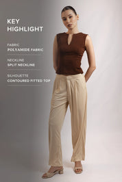 CHOCOLATE BROWN SPLIT NECK TOP