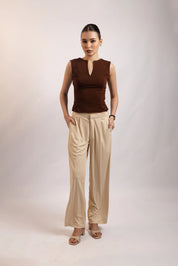 CHOCOLATE BROWN SPLIT NECK TOP