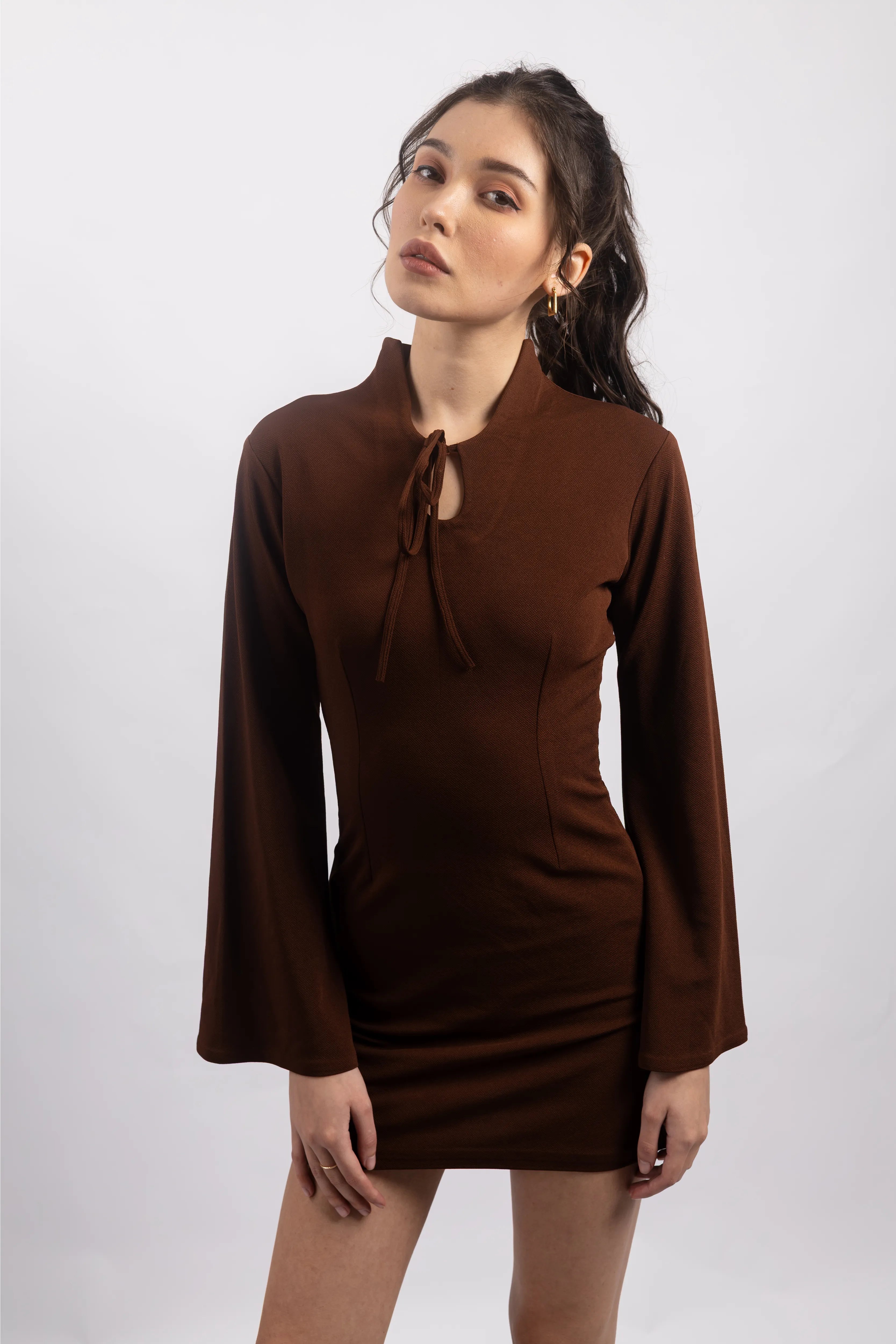 BROWN TIE-FRONT MINI DRESS