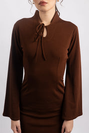 BROWN TIE-FRONT MINI DRESS