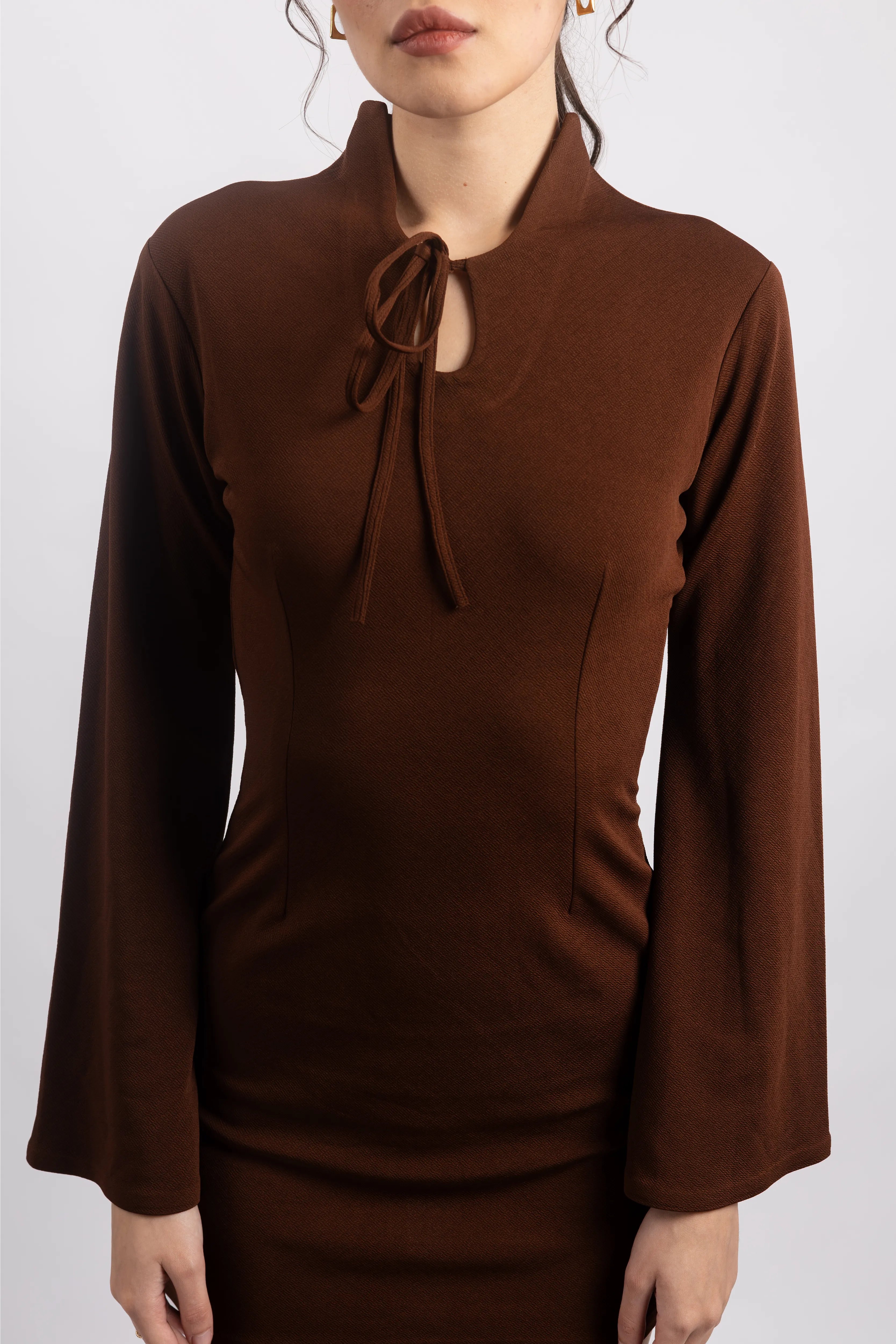 BROWN TIE-FRONT MINI DRESS