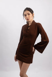 BROWN TIE-FRONT MINI DRESS
