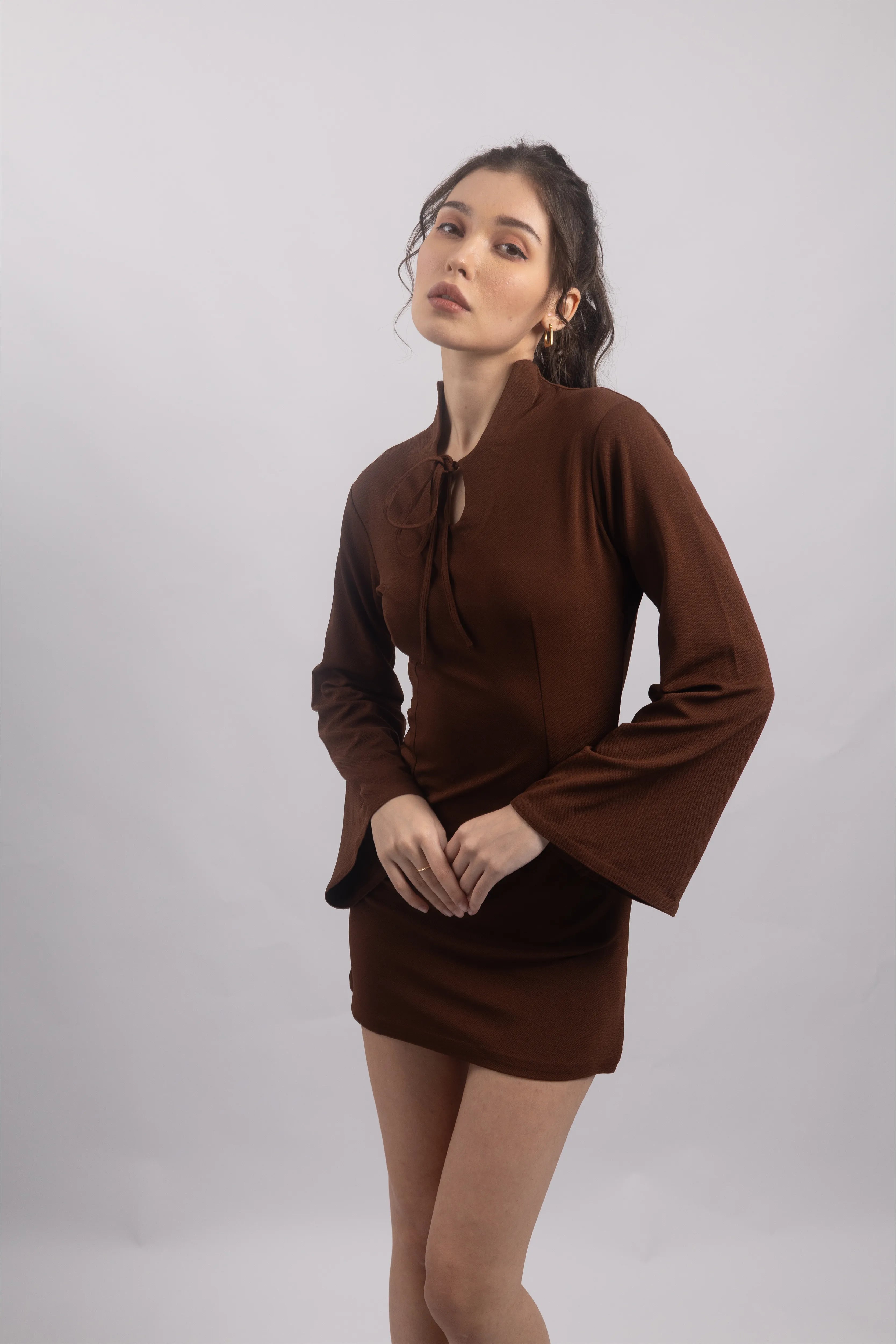 BROWN TIE-FRONT MINI DRESS