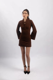 BROWN TIE-FRONT MINI DRESS