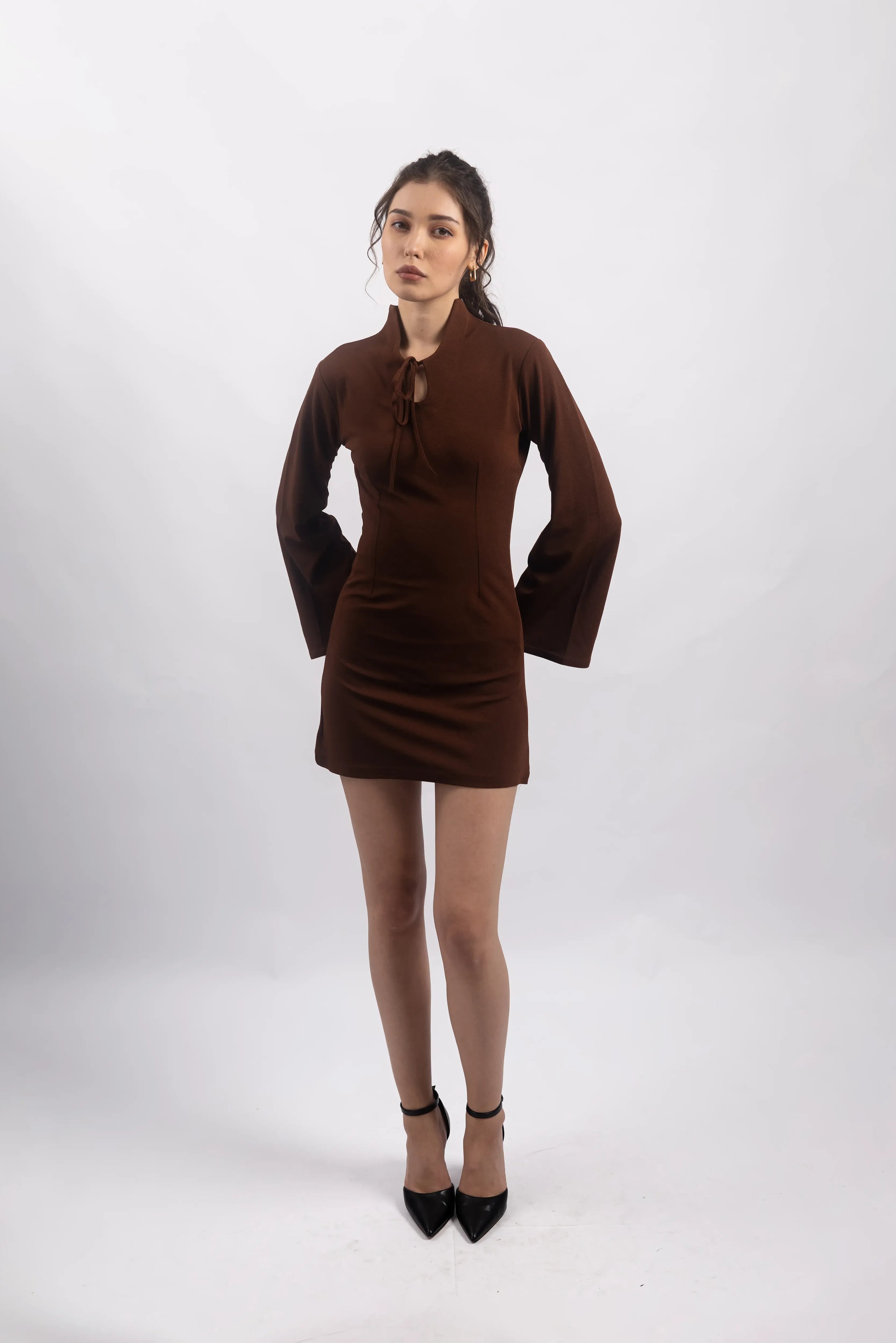 BROWN TIE-FRONT MINI DRESS