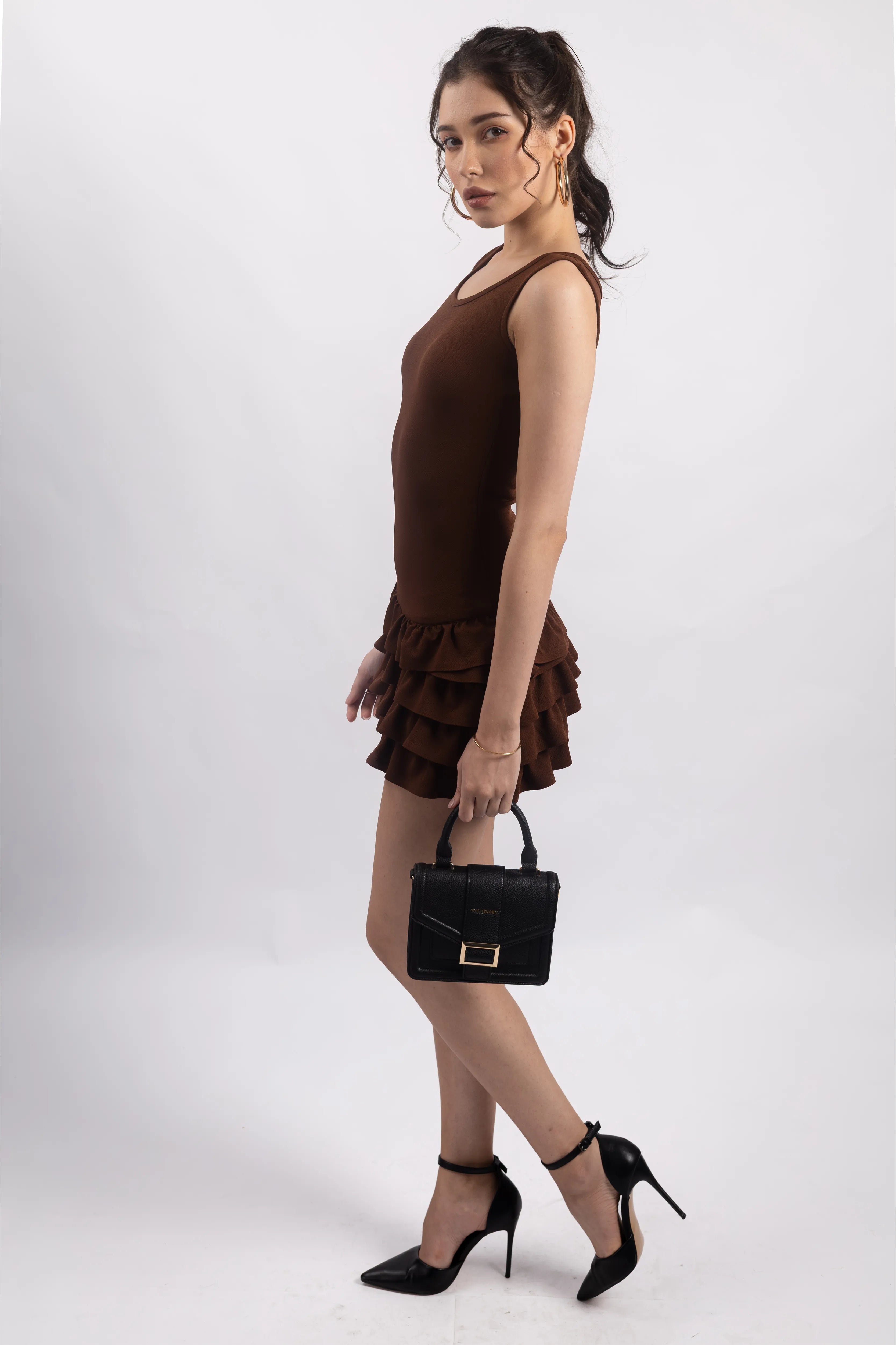 BROWN RUFFLE MINI DRESS