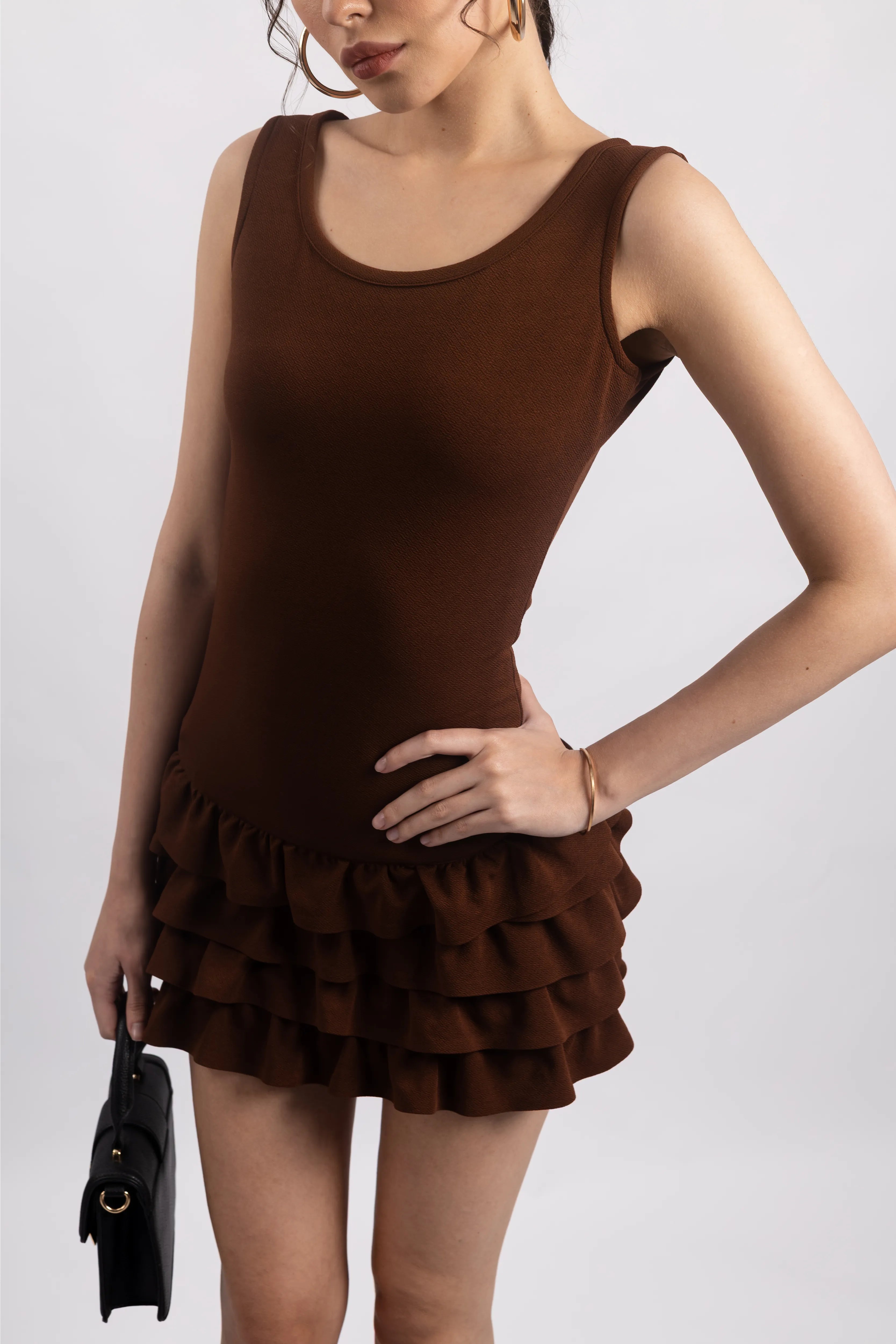 BROWN RUFFLE MINI DRESS