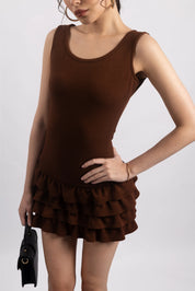 BROWN TIE-FRONT MINI DRESS