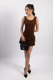 BROWN RUFFLE MINI DRESS