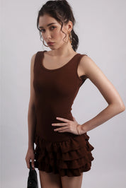 BROWN RUFFLE MINI DRESS