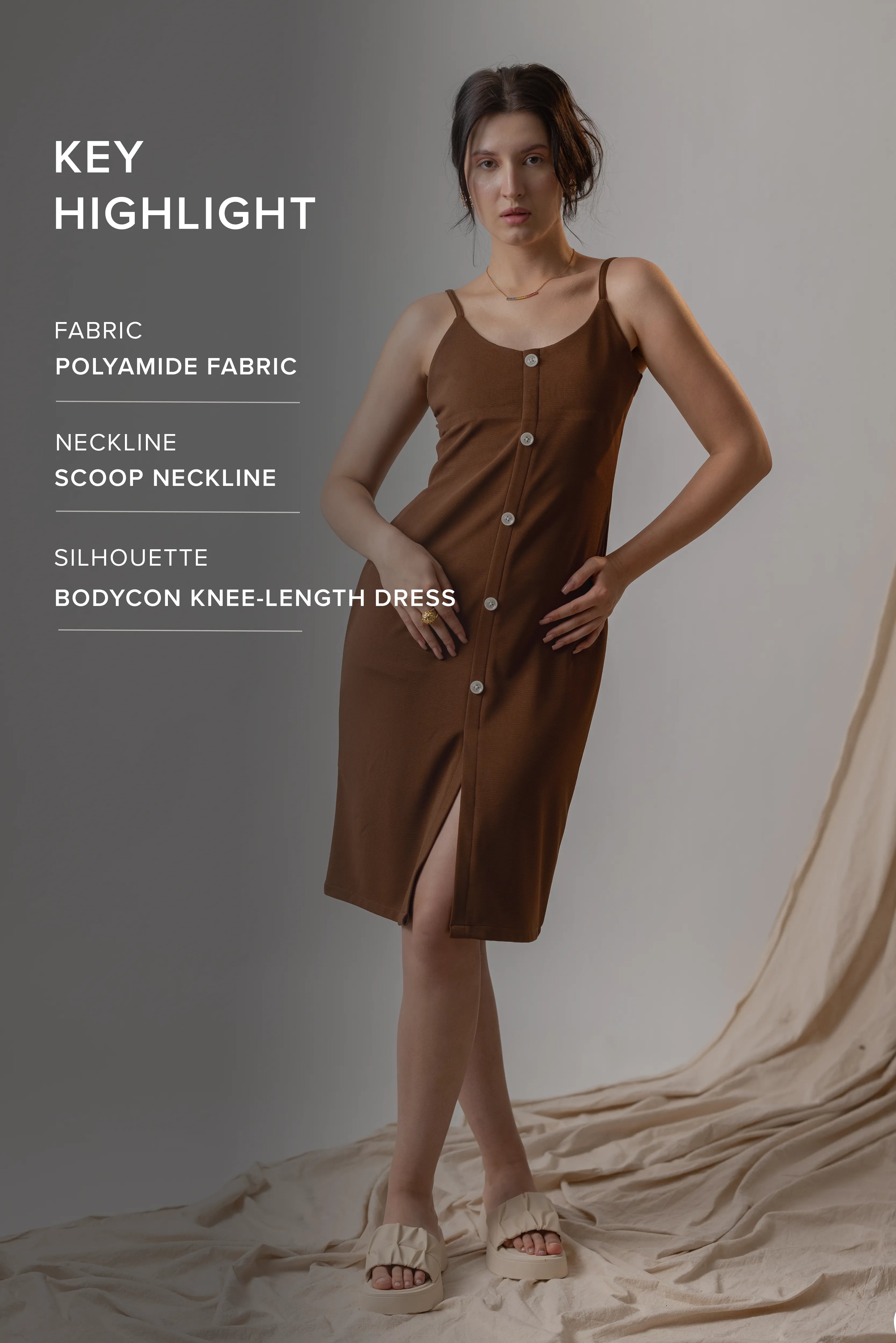 COCOA BROWN BUTTON-FRONT MIDI DRESS