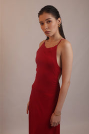 RED LACE-BACK MIDI DRESS