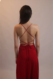 RED LACE-BACK MIDI DRESS