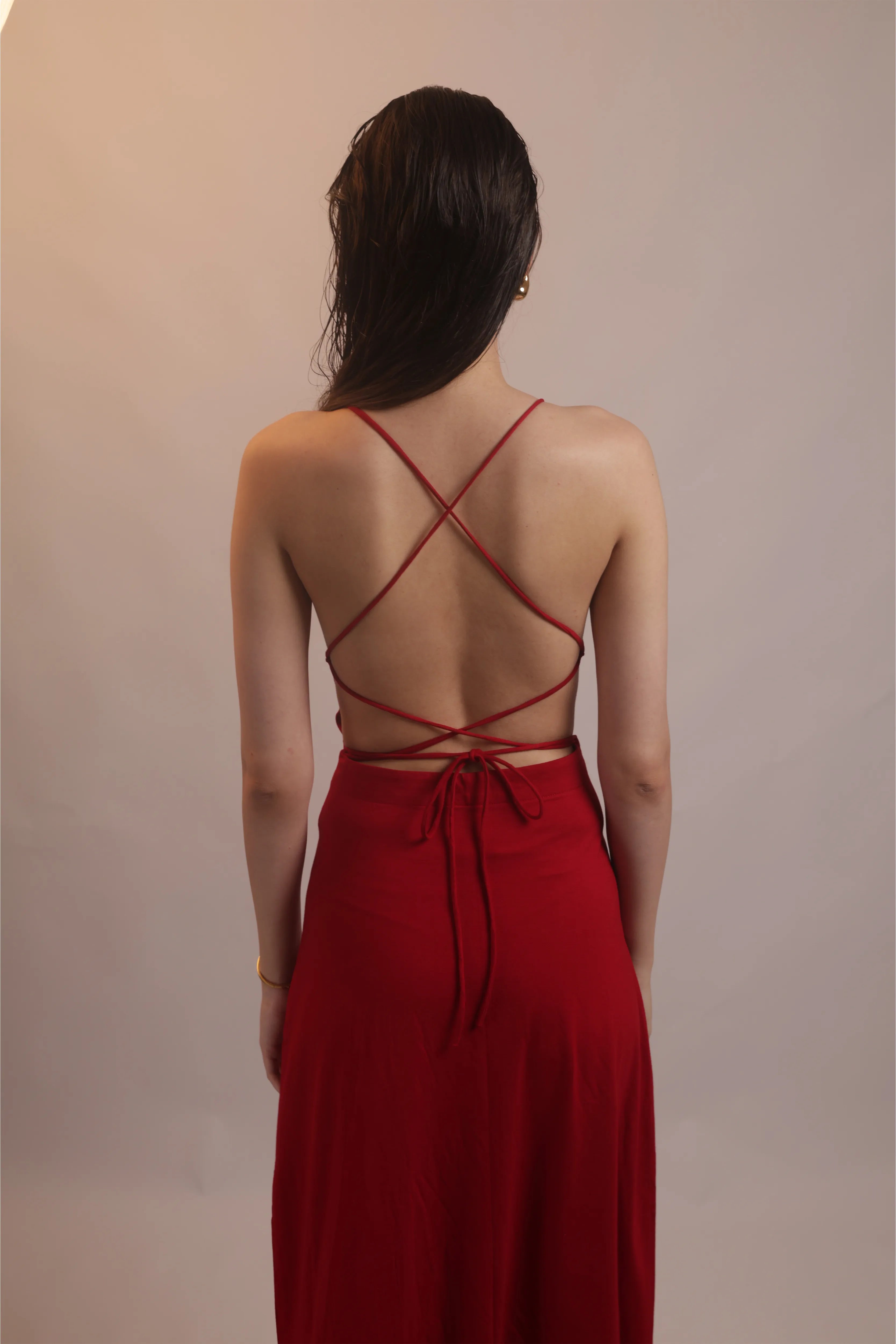 RED LACE-BACK MIDI DRESS