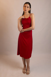 RED LACE-BACK MIDI DRESS