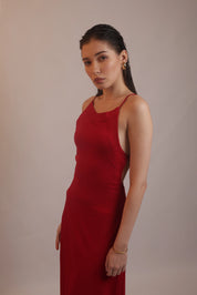 RED LACE-BACK MIDI DRESS
