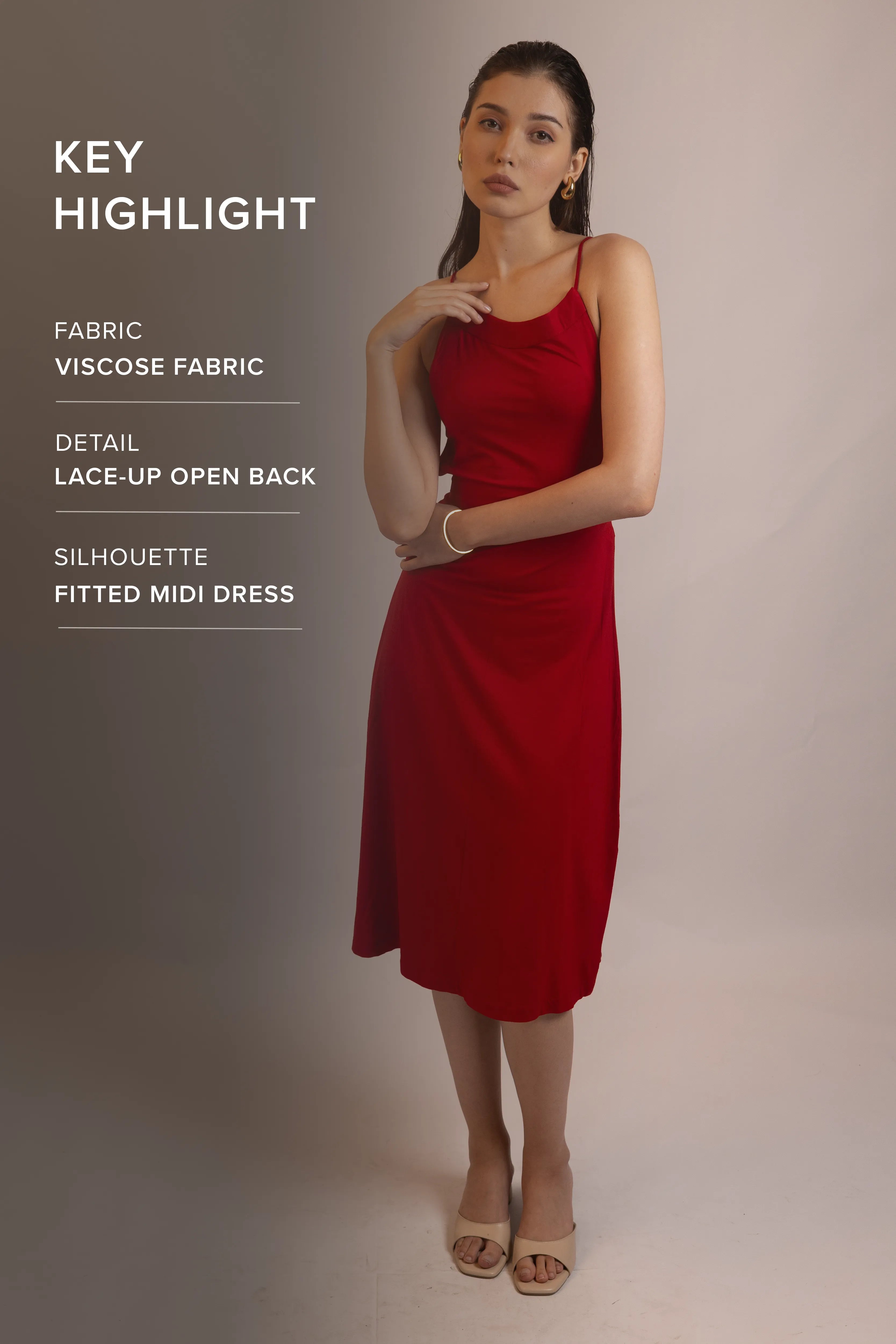 RED LACE-BACK MIDI DRESS