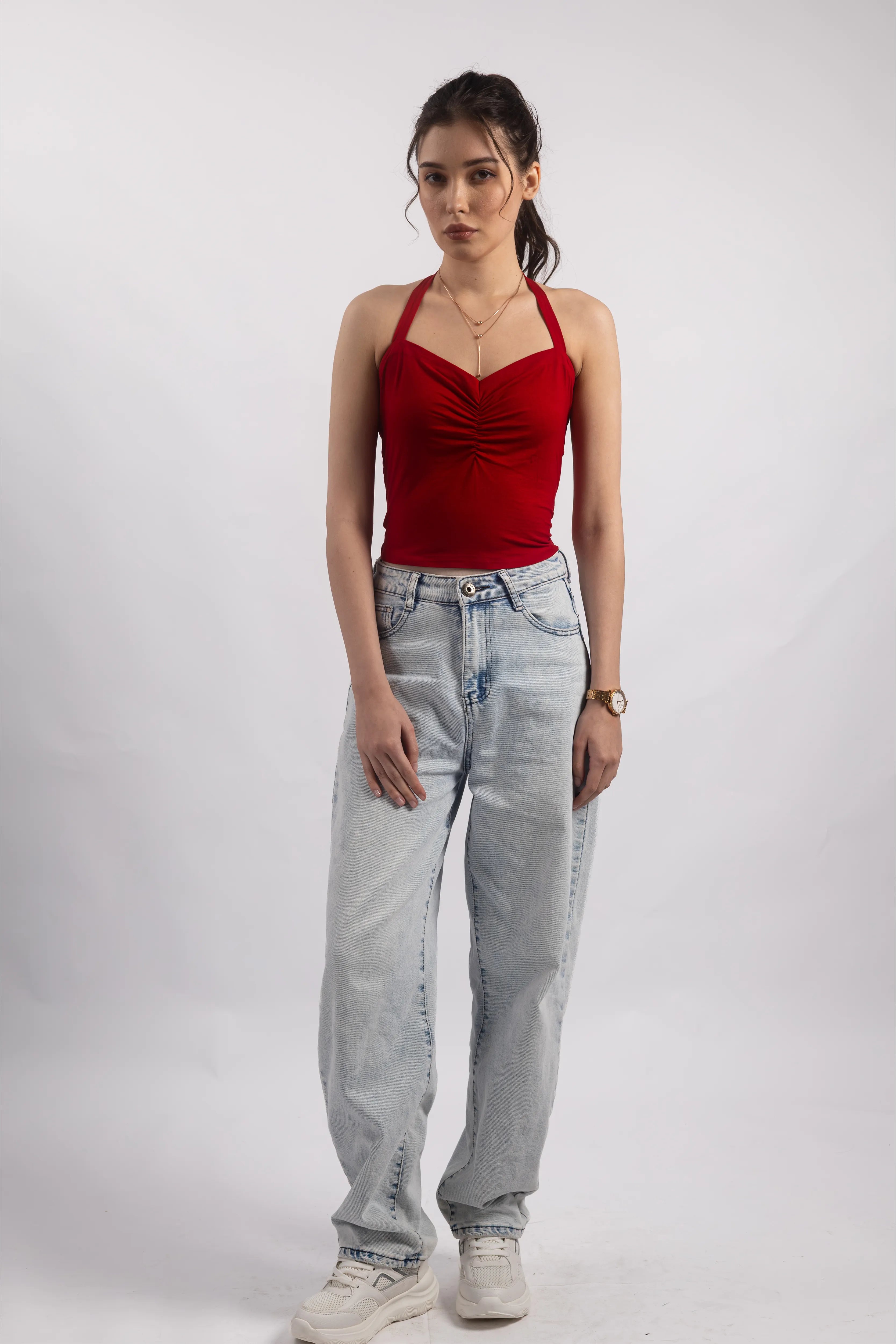 RED RUCHED HALTER TOP
