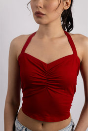 RED RUCHED HALTER TOP
