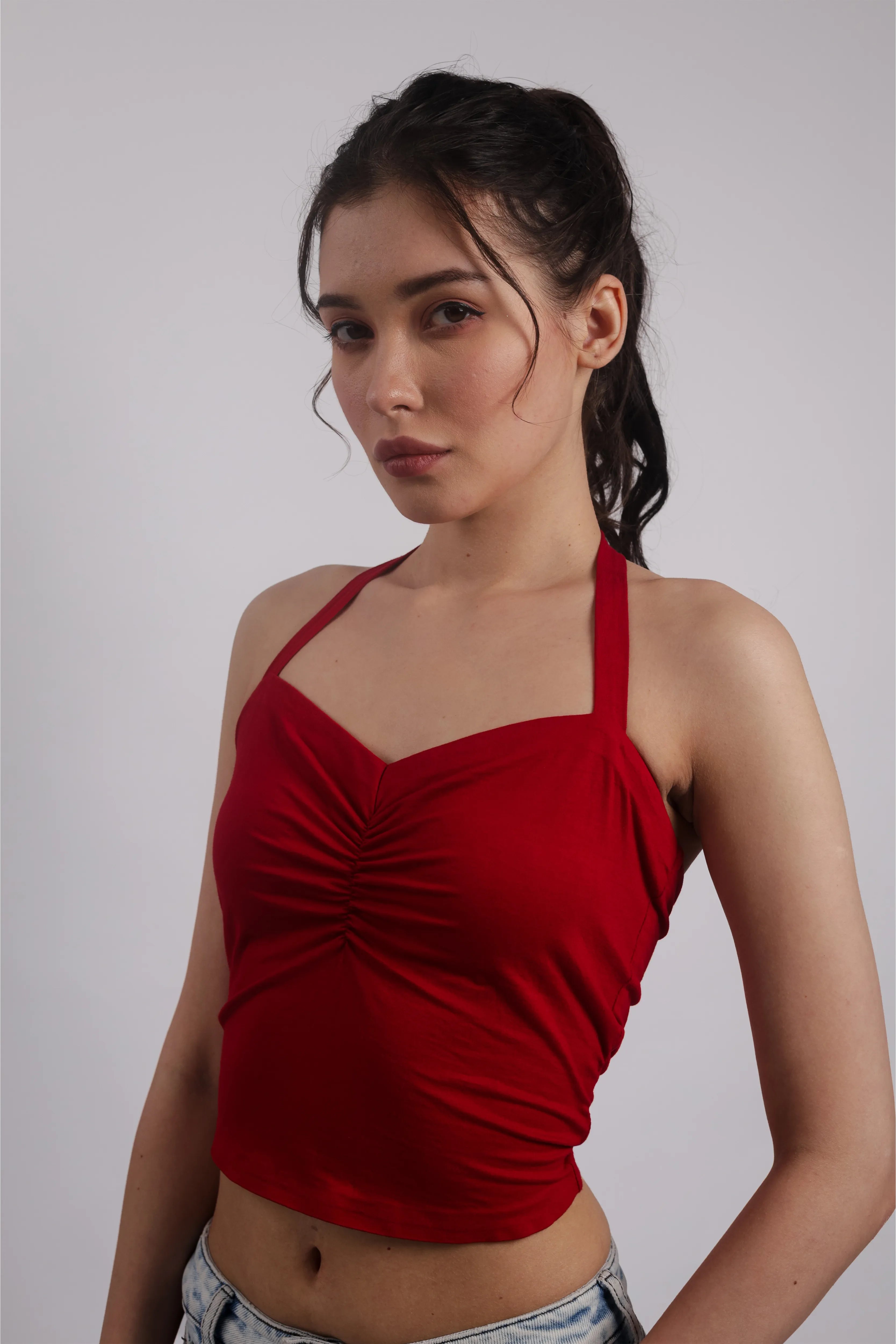 RED RUCHED HALTER TOP