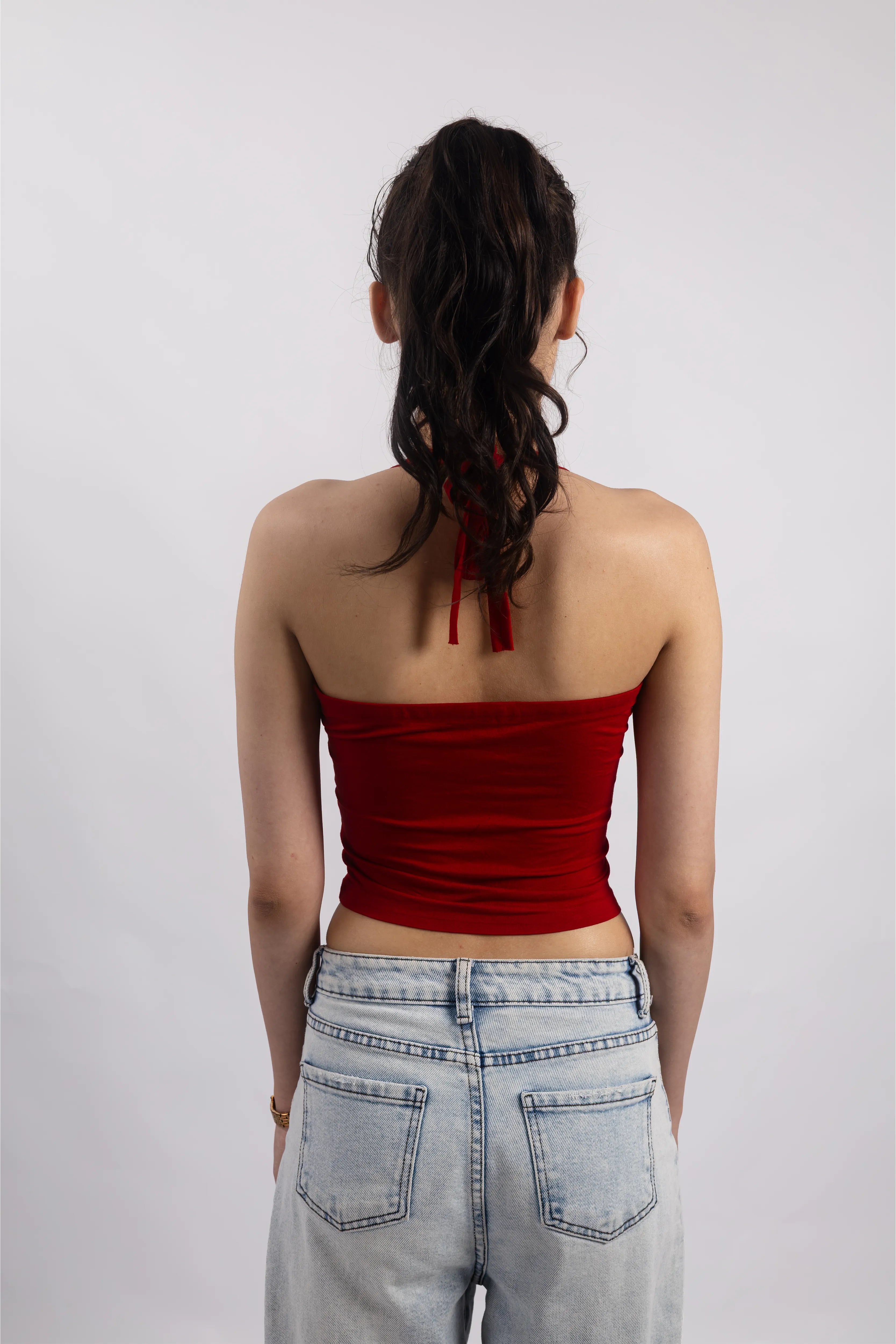 RED RUCHED HALTER TOP