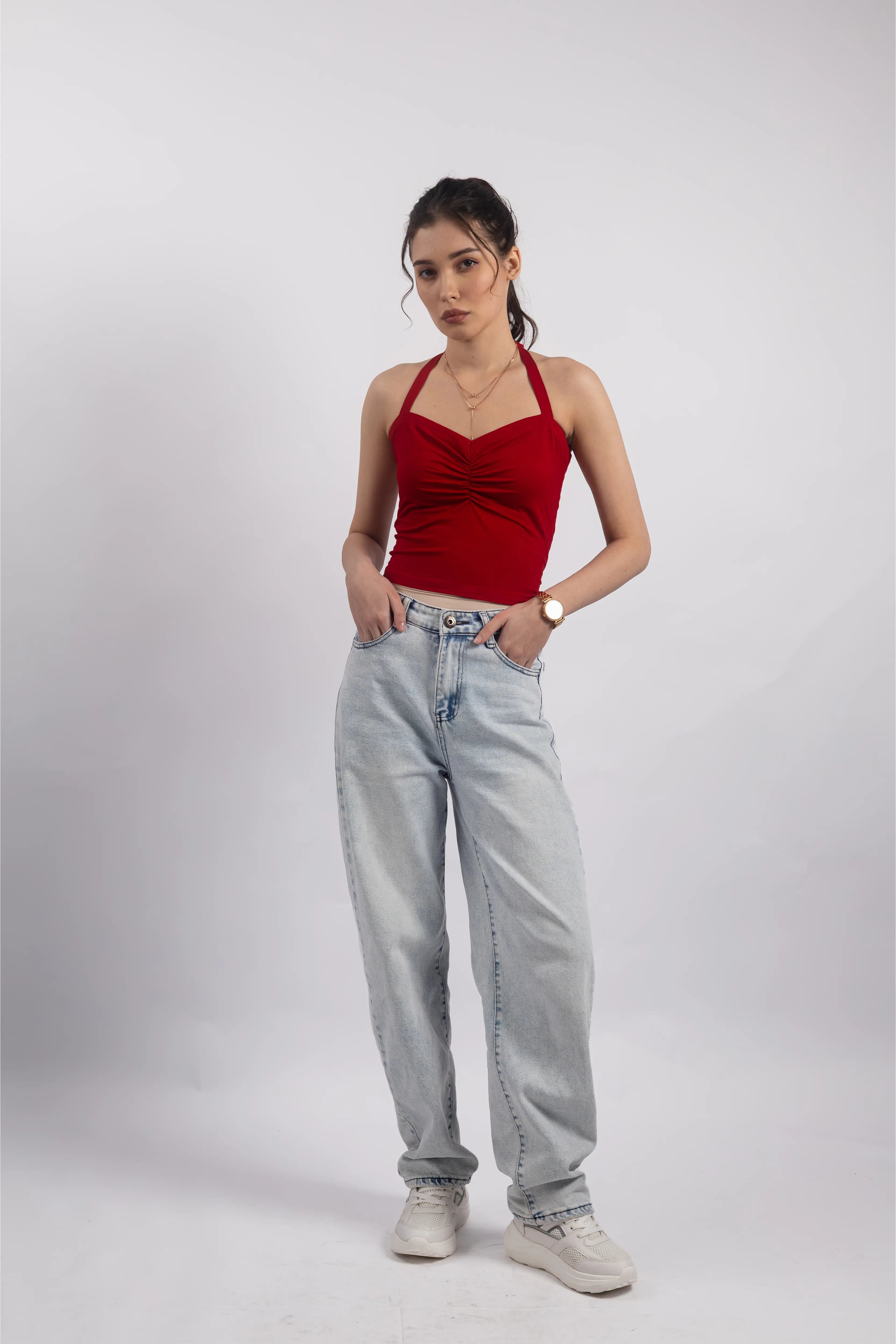RED RUCHED HALTER TOP