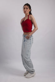 RED RUCHED HALTER TOP