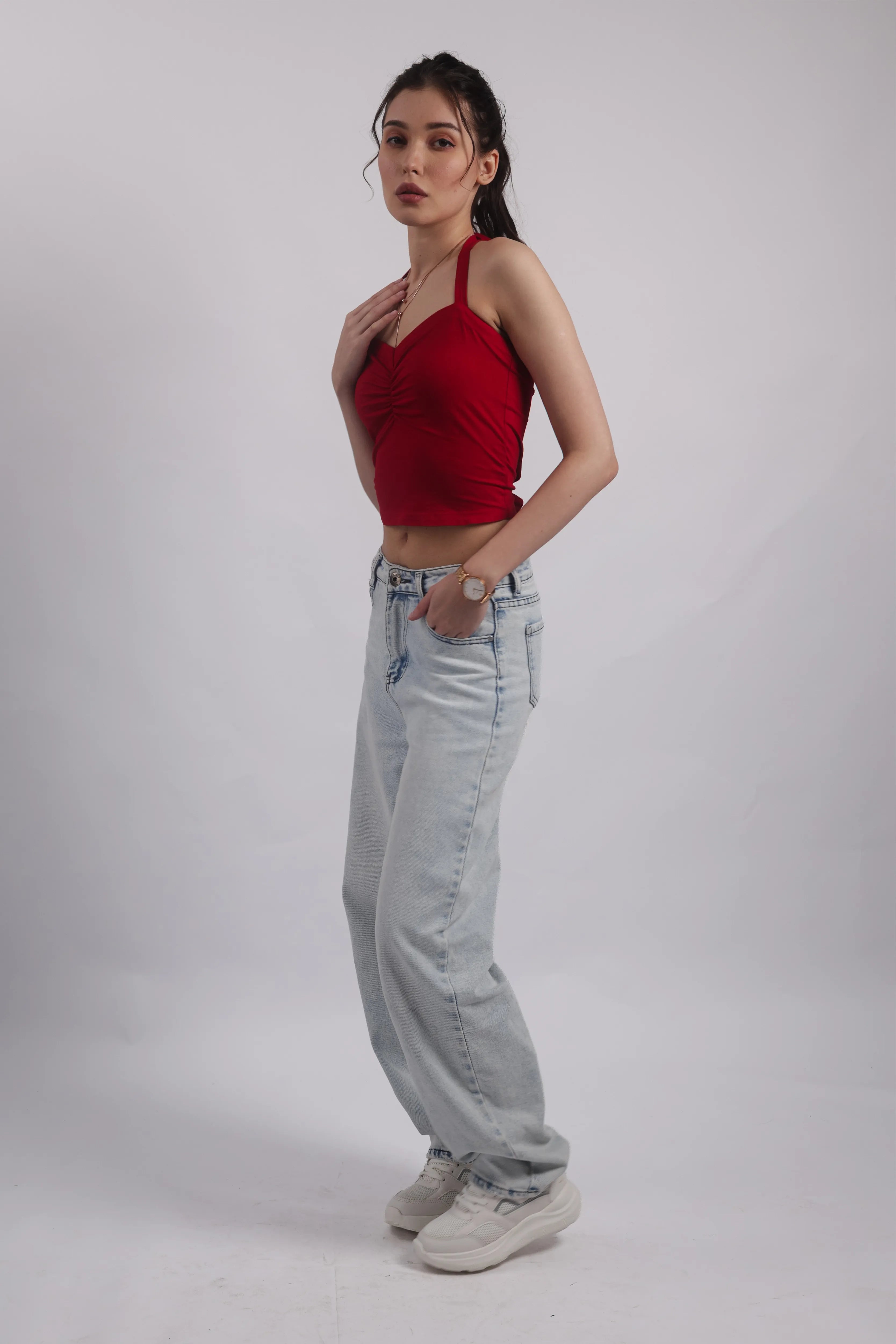 RED RUCHED HALTER TOP