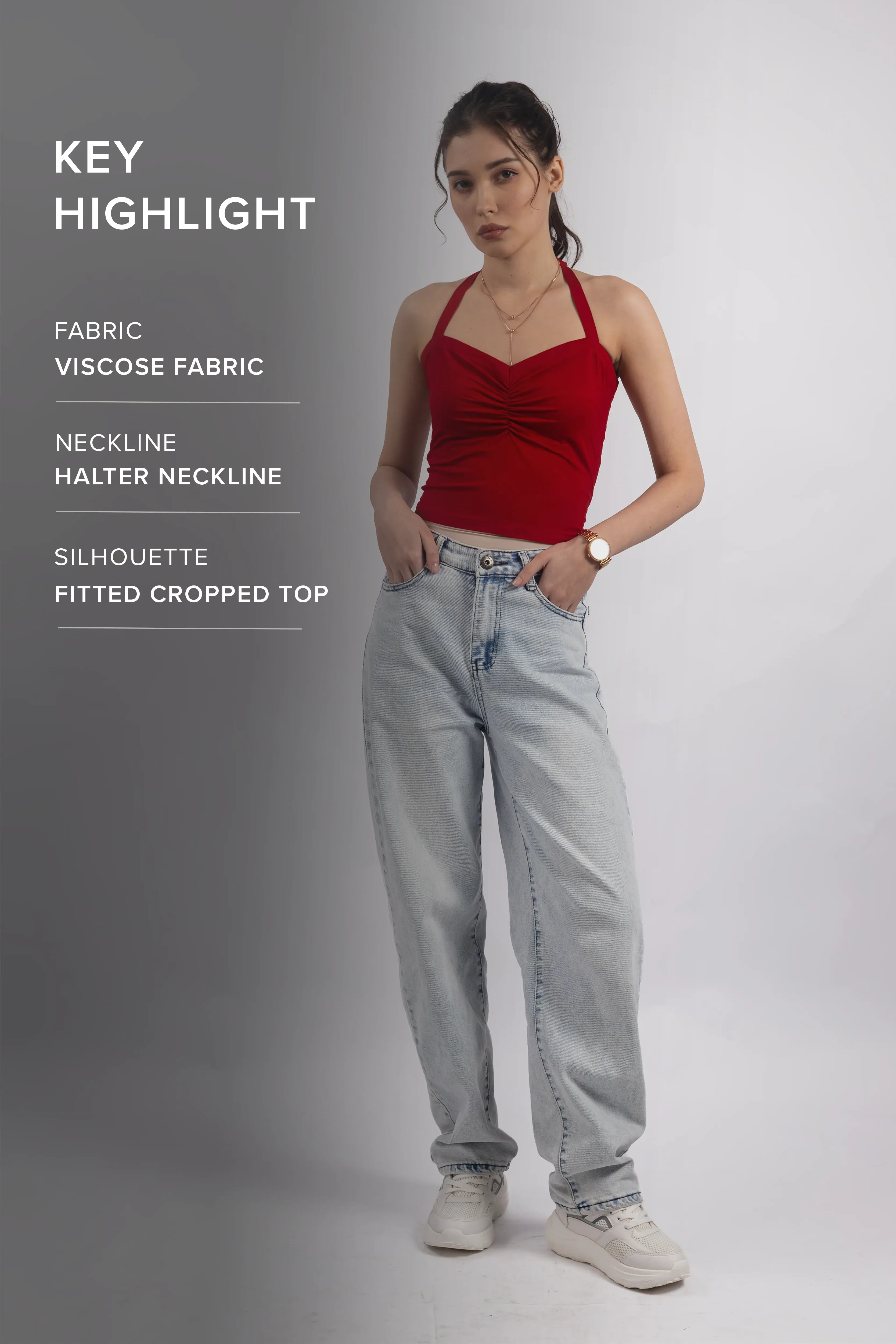 RED HALTER NECKLINE TOP