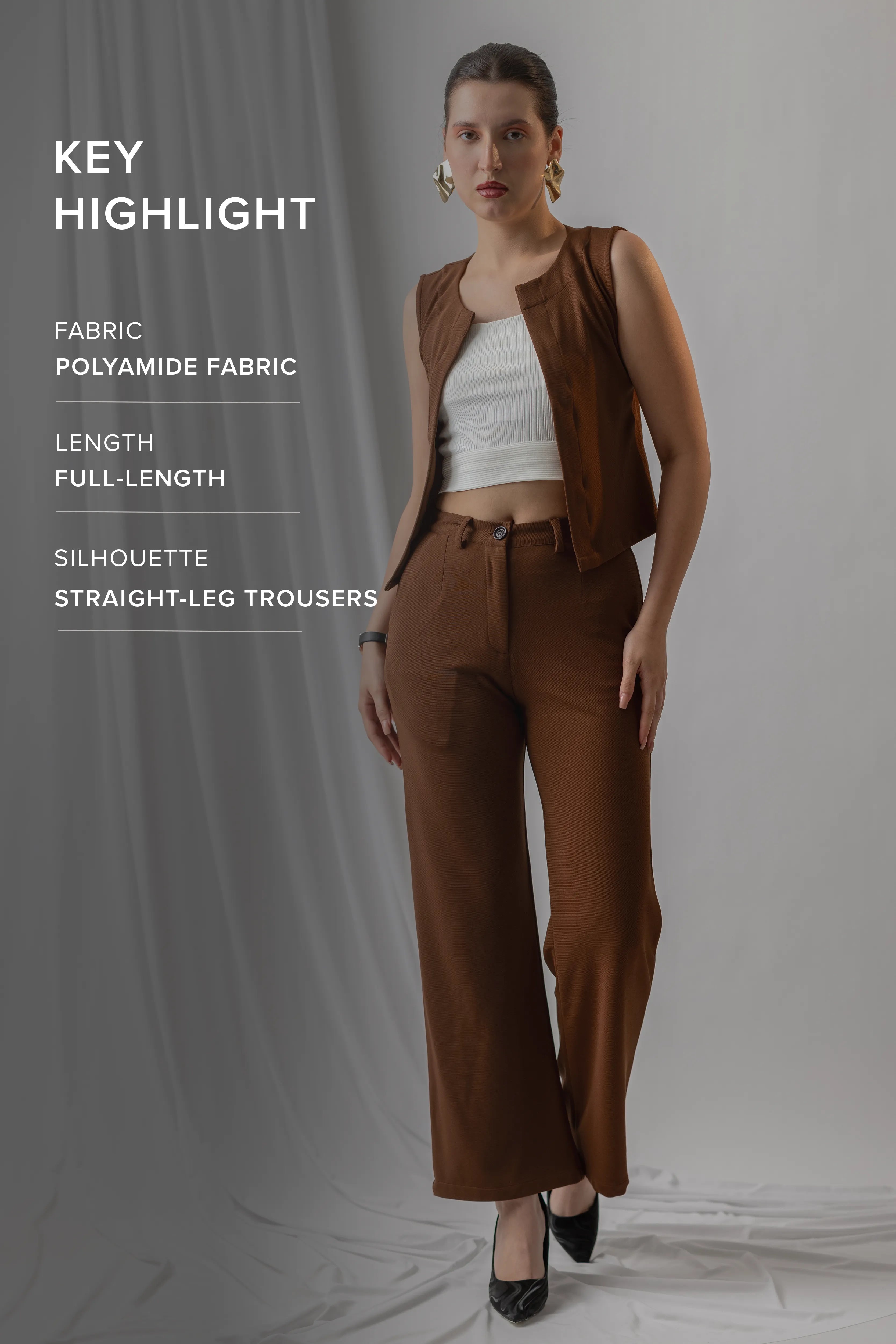 MOCHA KNITTED STRAIGHT-LEG TROUSERS WITH A CLEAN, MINIMAL SILHOUETTE.