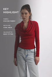 RED DRAPED COWL-NECK TOP