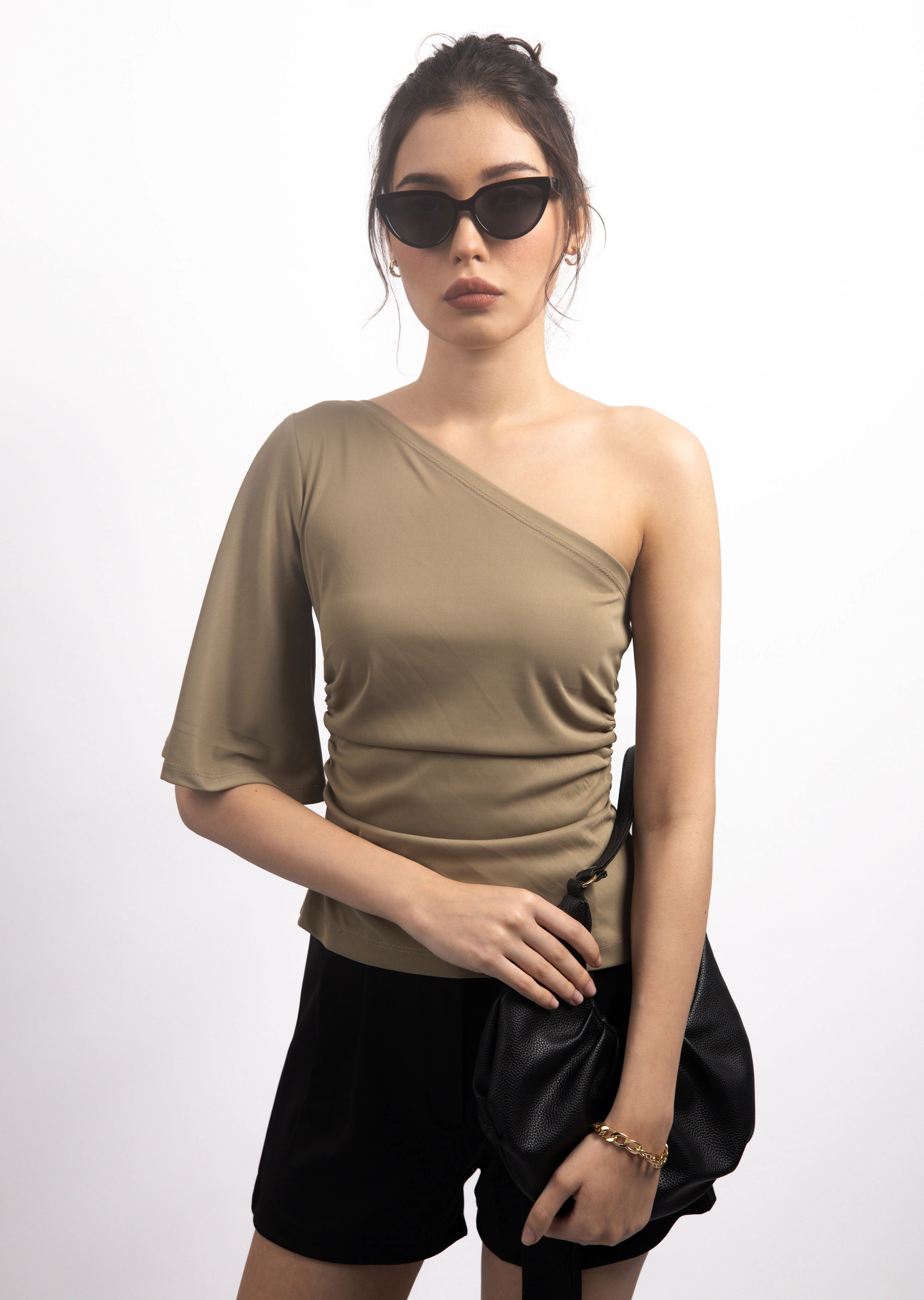 OLIVE GREEN DRAPE ONE-SHOULDER KNIT TOP
