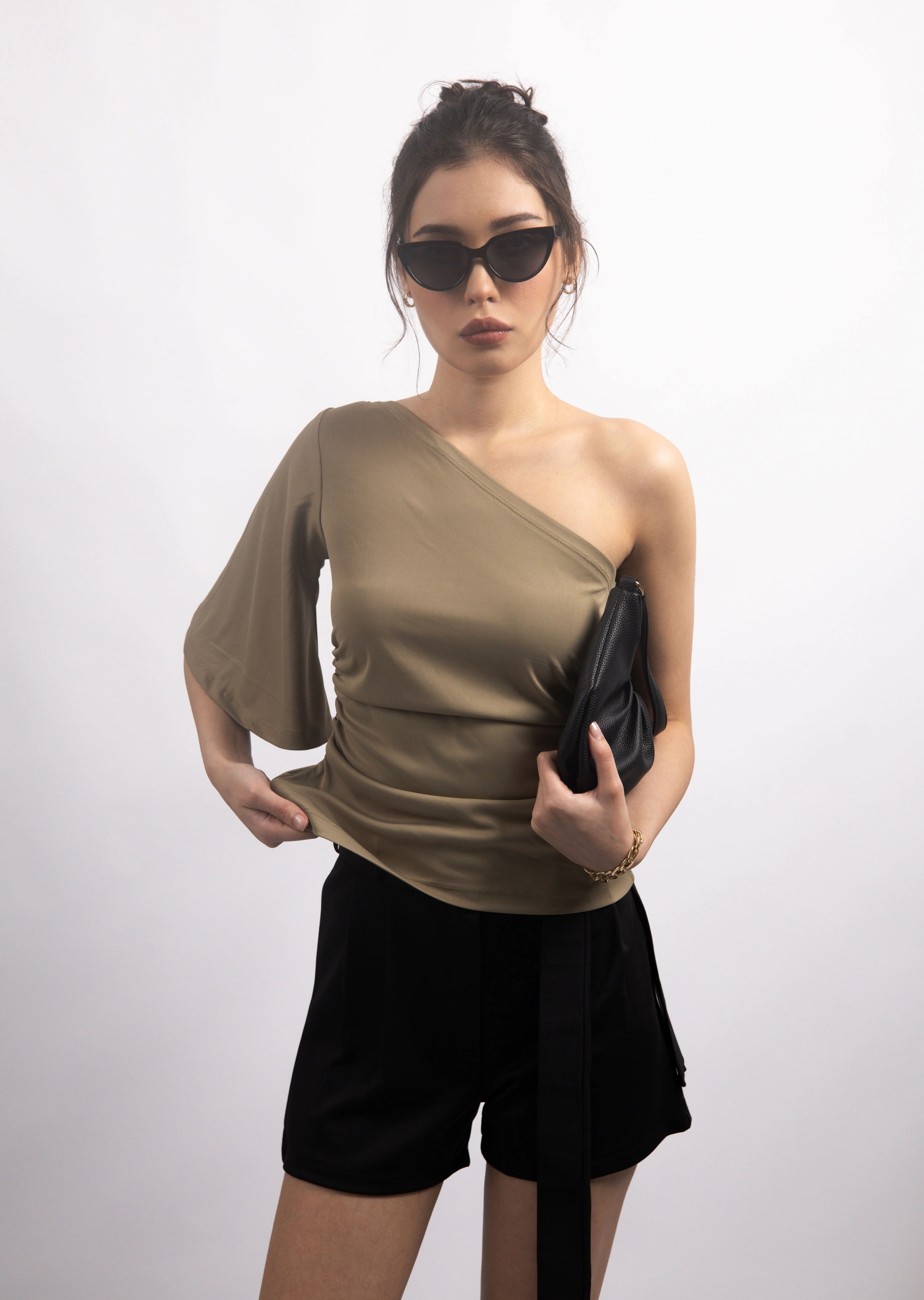 OLIVE GREEN DRAPE ONE-SHOULDER KNIT TOP
