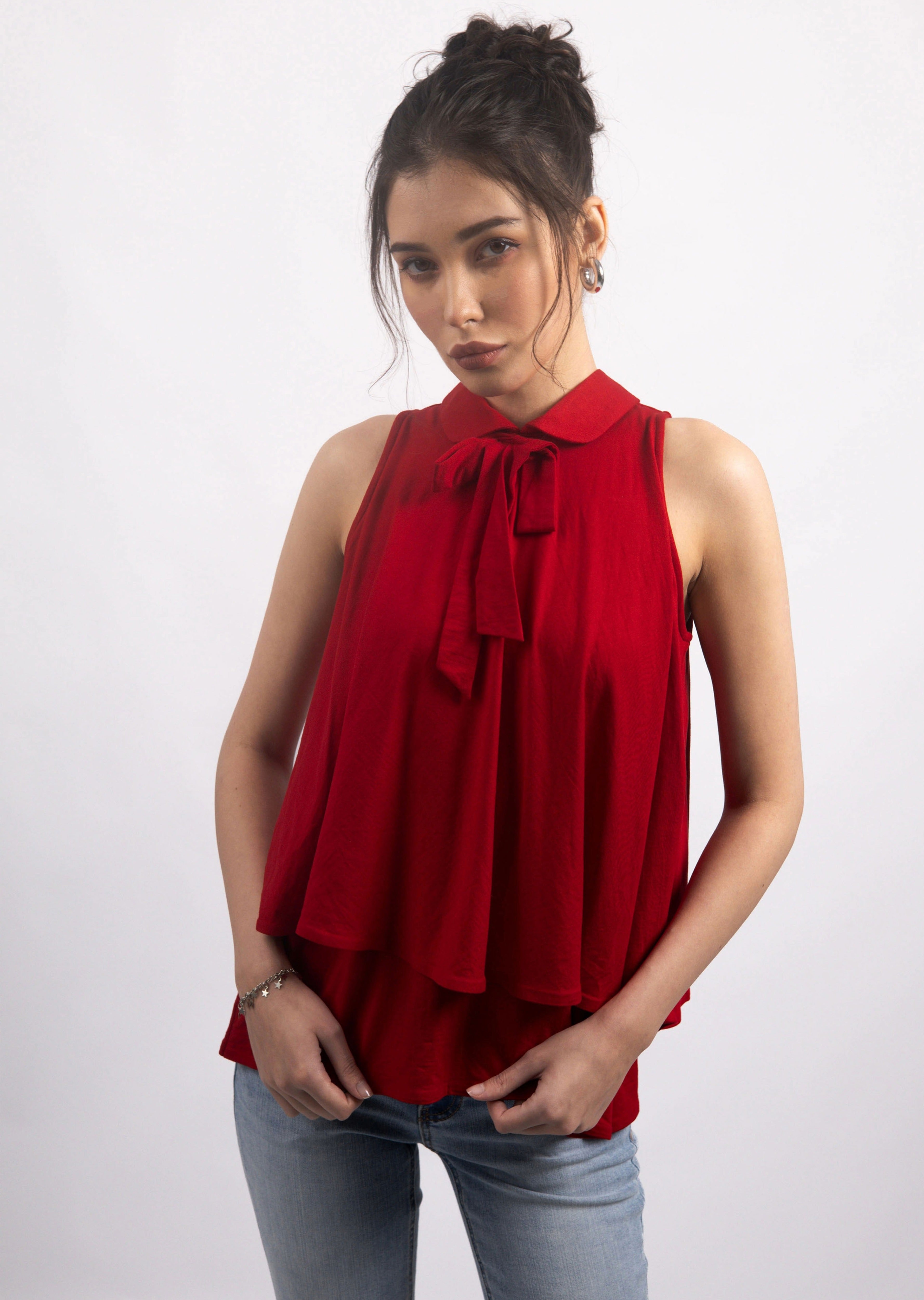 RED BOW COLLARED TOP