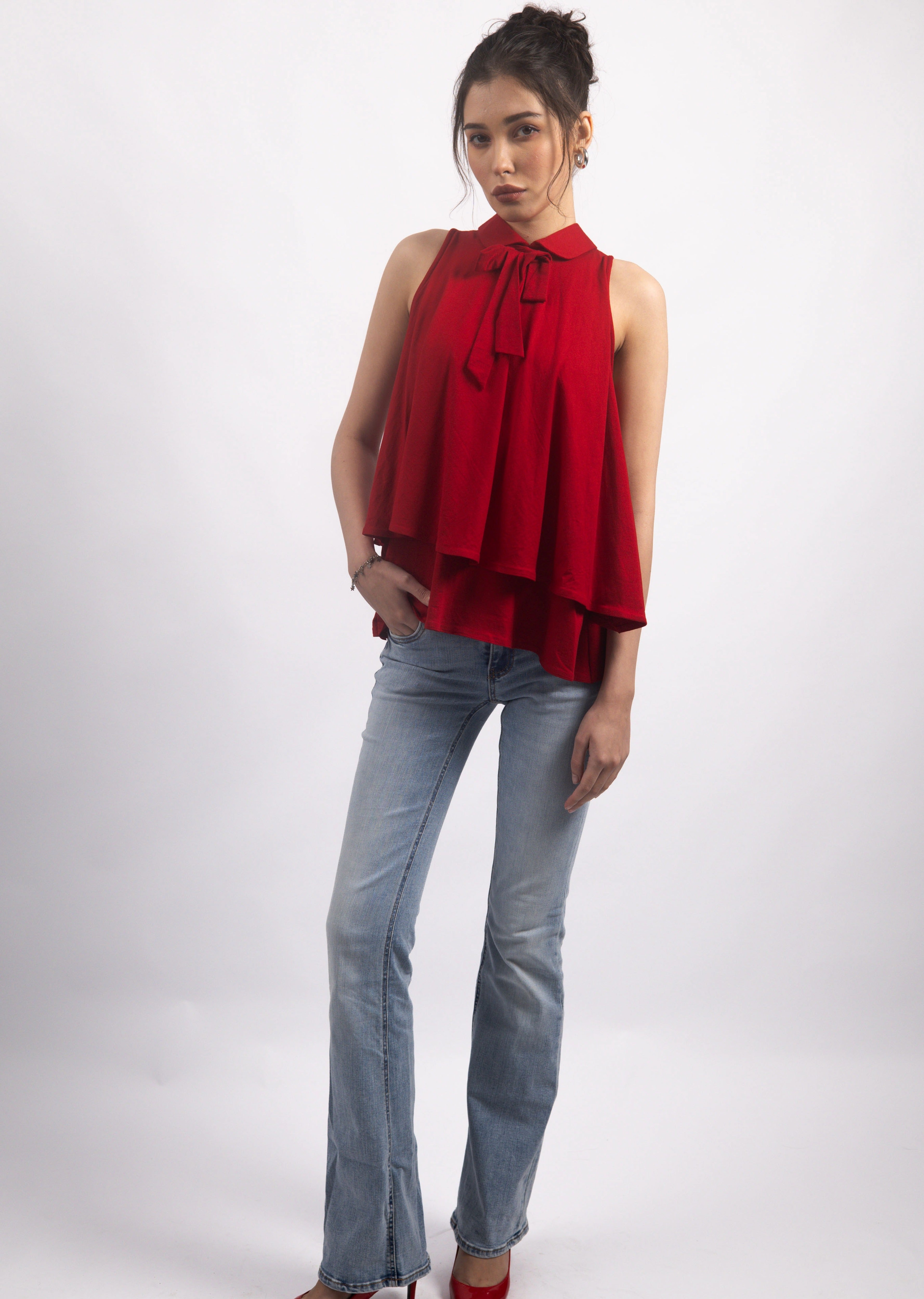 RED BOW COLLARED TOP