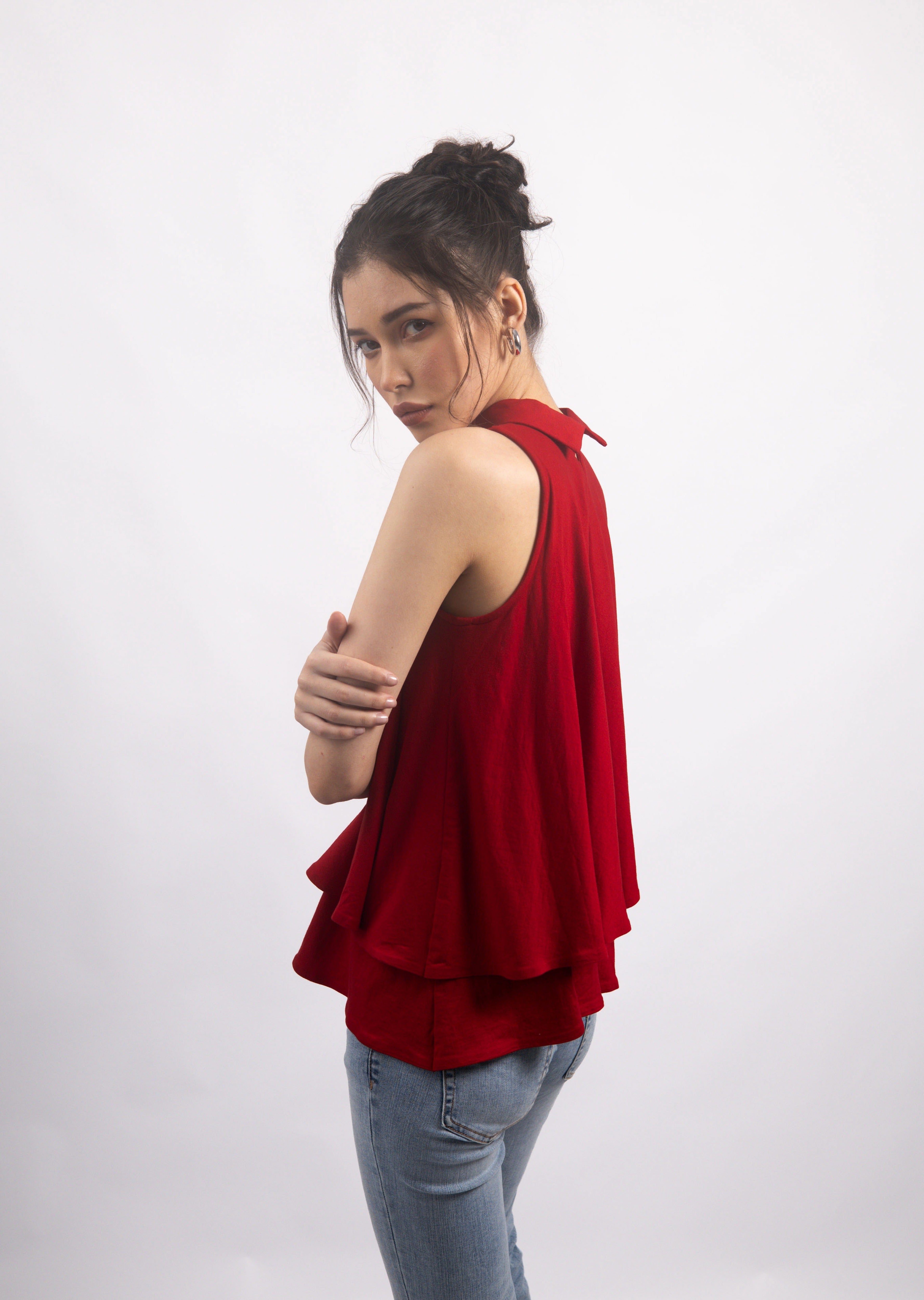 RED BOW COLLARED TOP