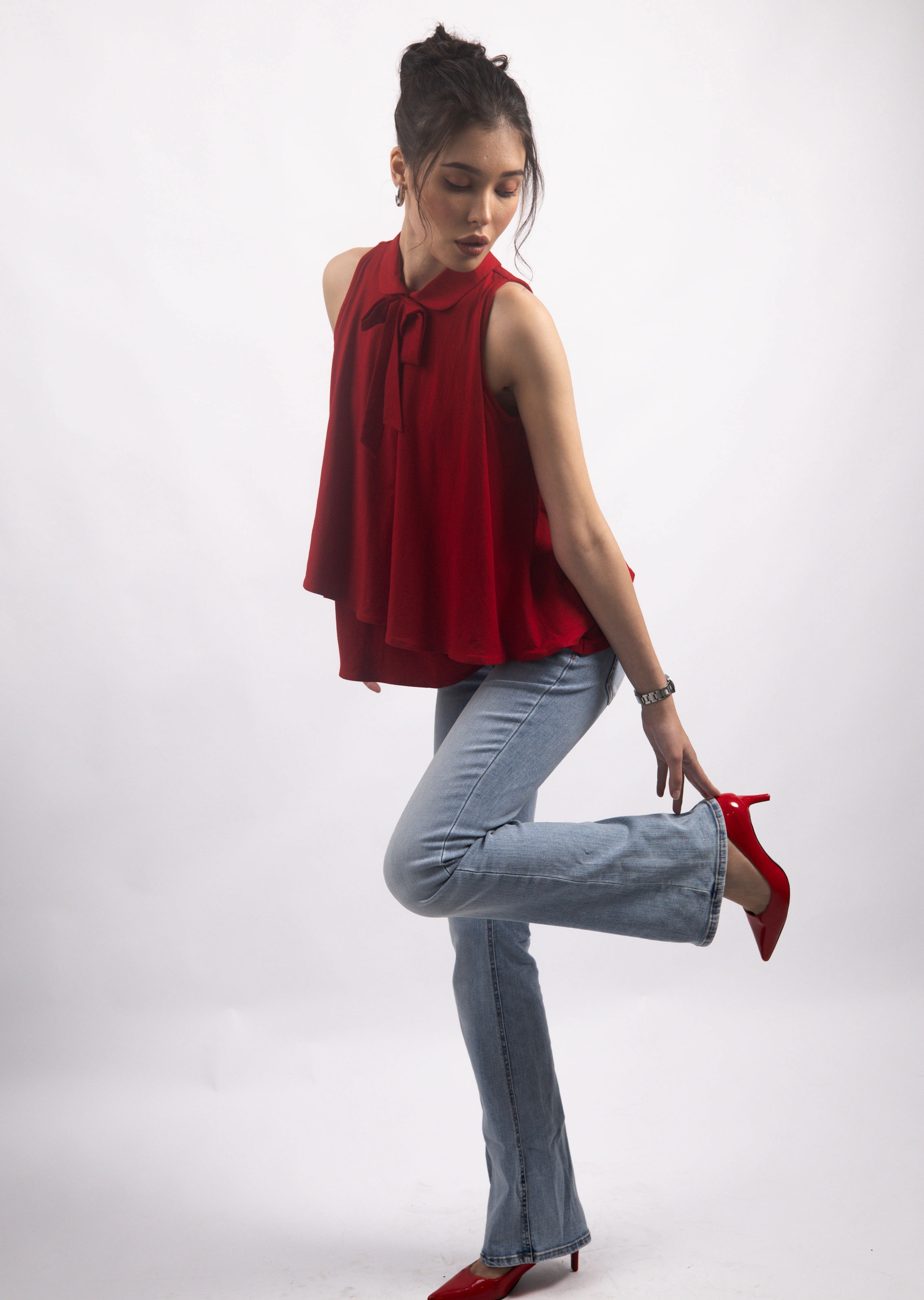 RED BOW COLLARED TOP