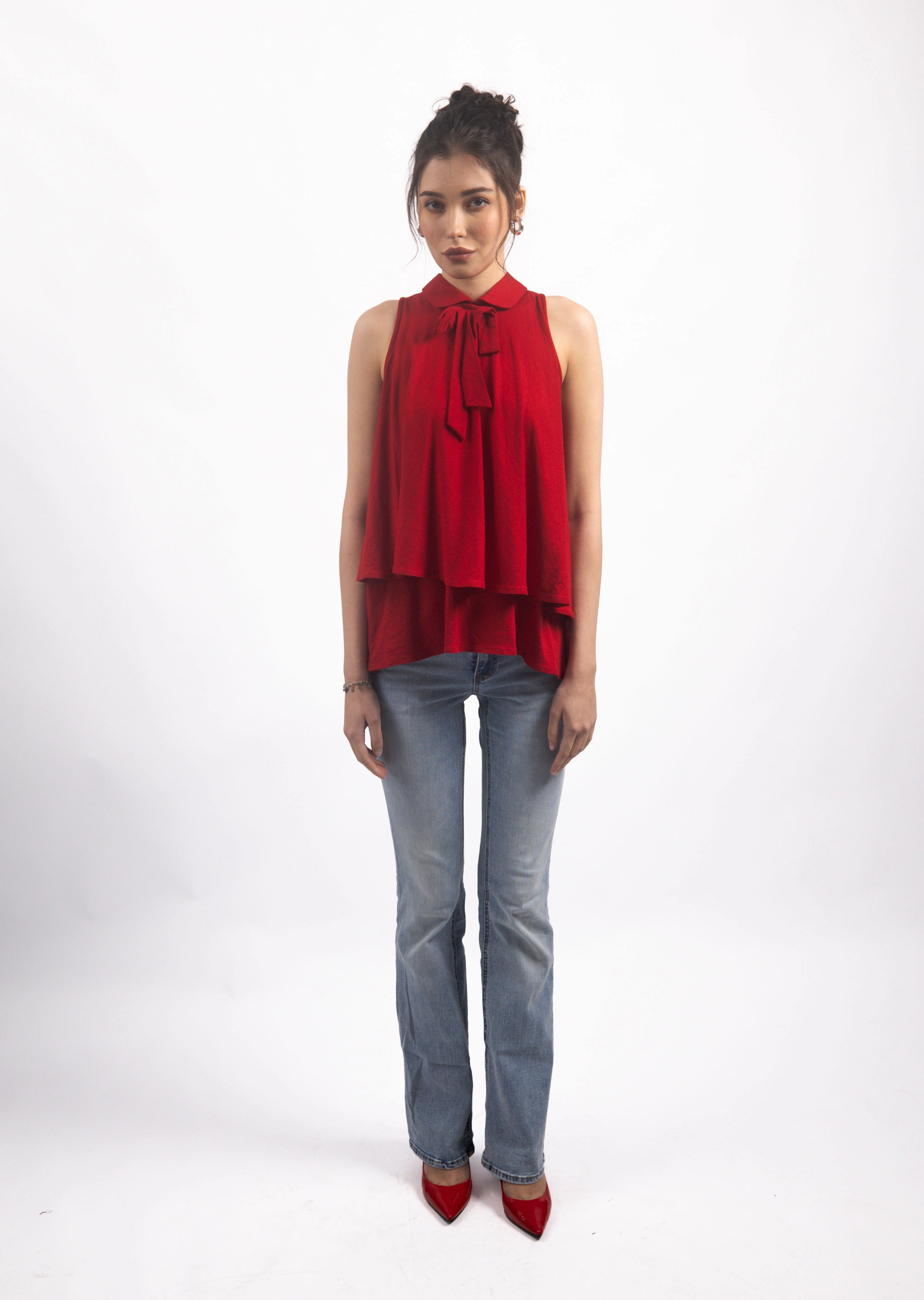 RED BOW COLLARED TOP