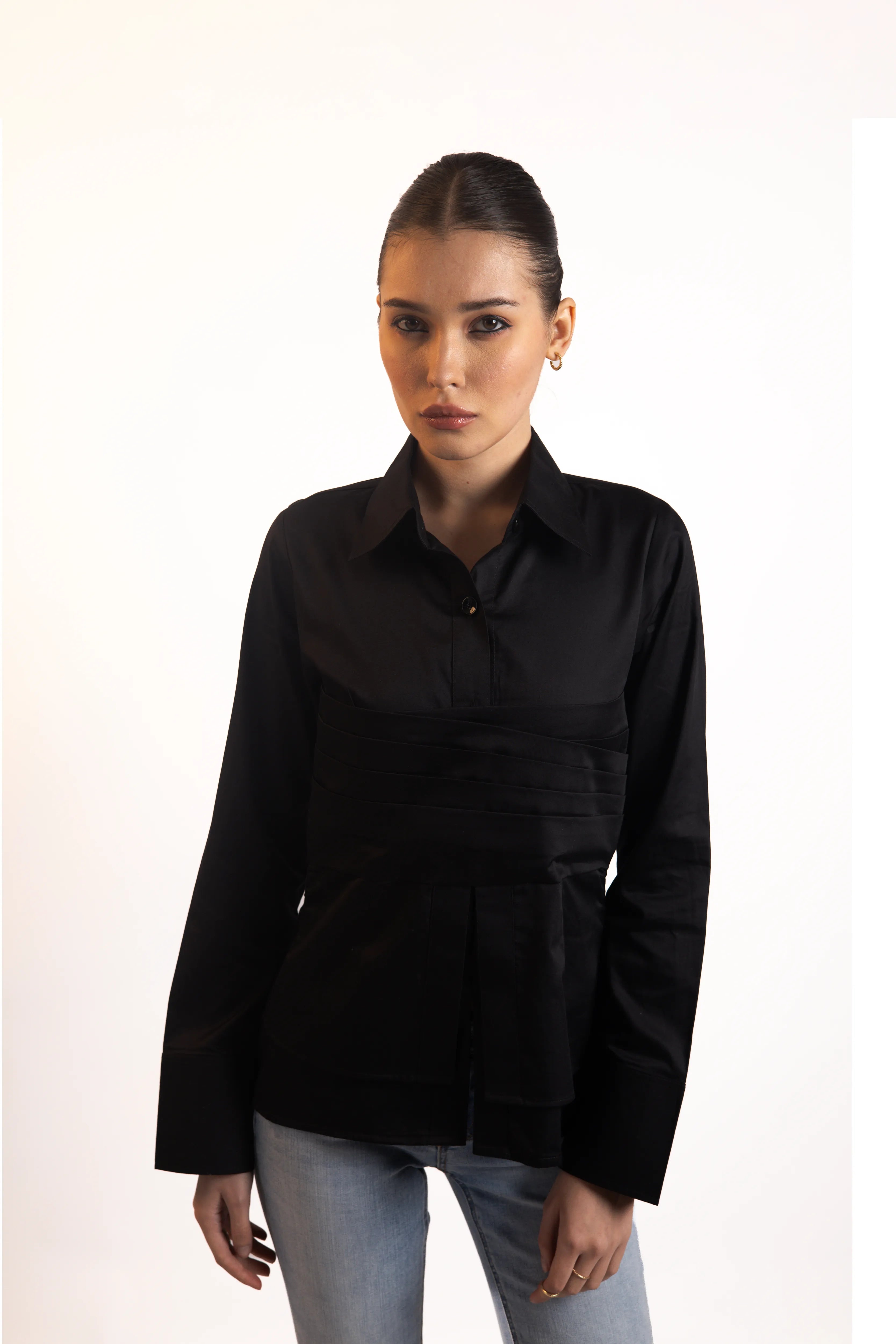 BLACK PLEATED WAIST SHIRT