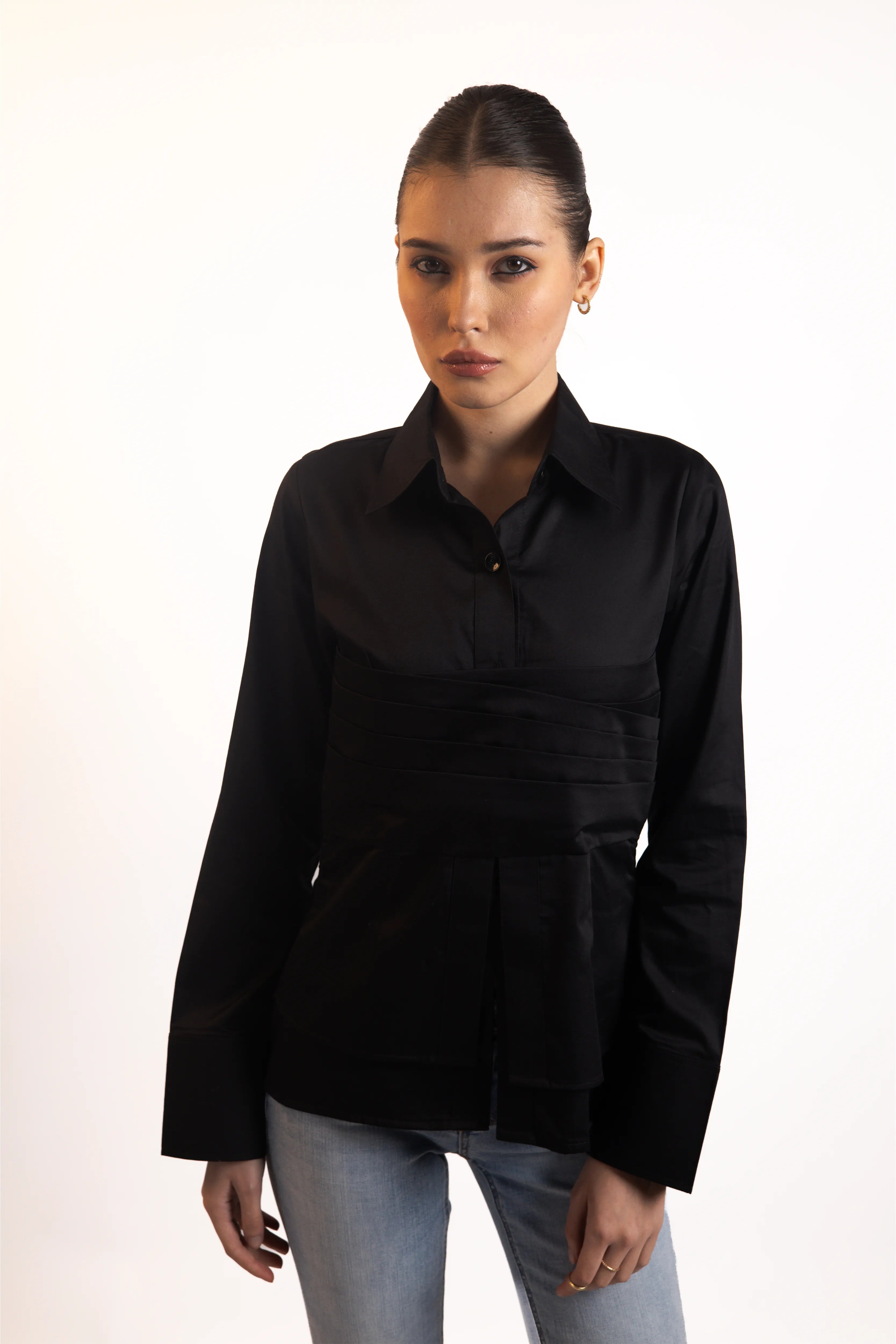 BLACK PLEATED WAIST SHIRT