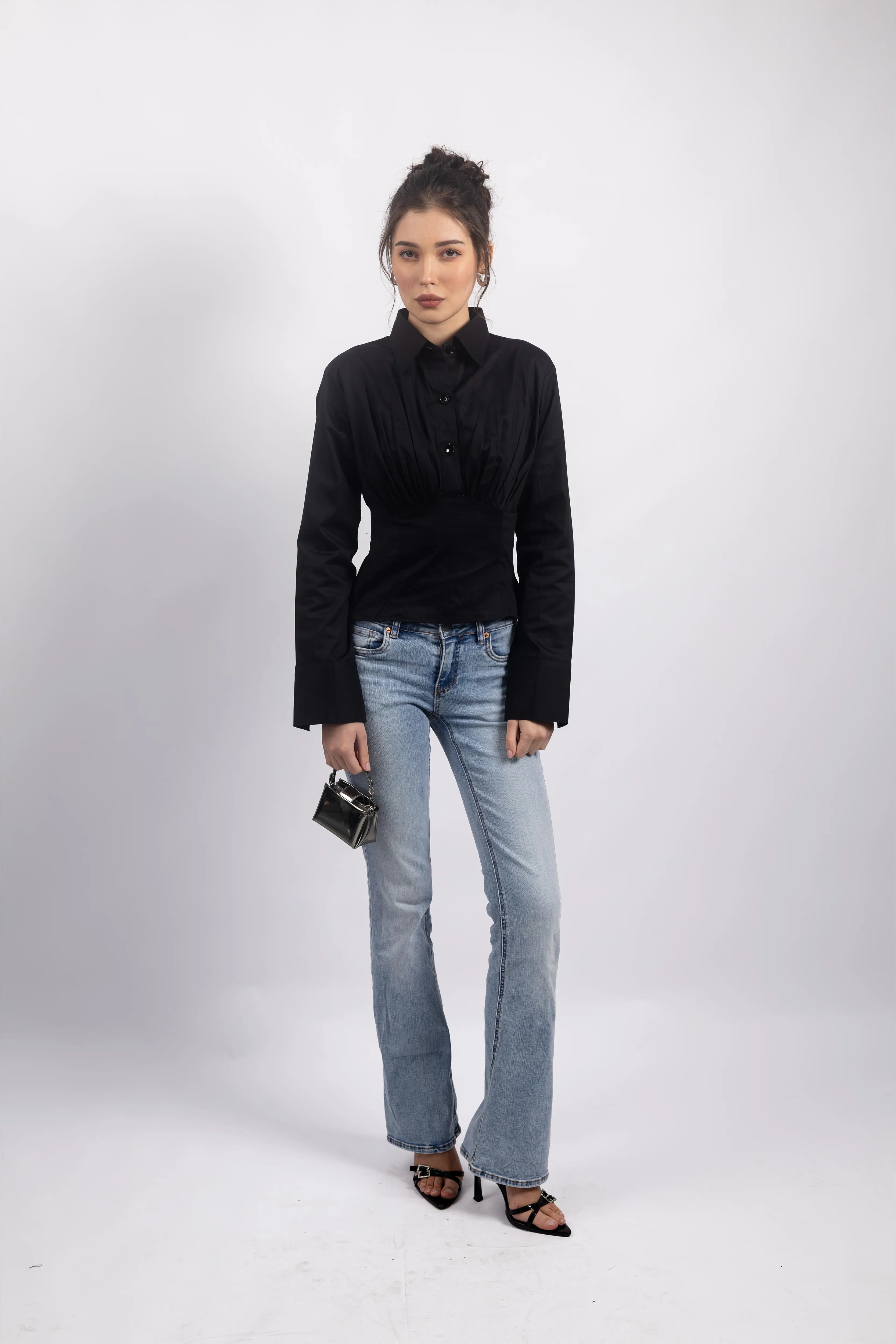 BLACK CINCHED WAIST SHIRT