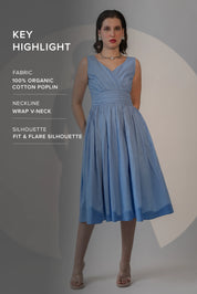 POWDER BLUE WRAP-FRONT PLEATED MIDI DRESS
