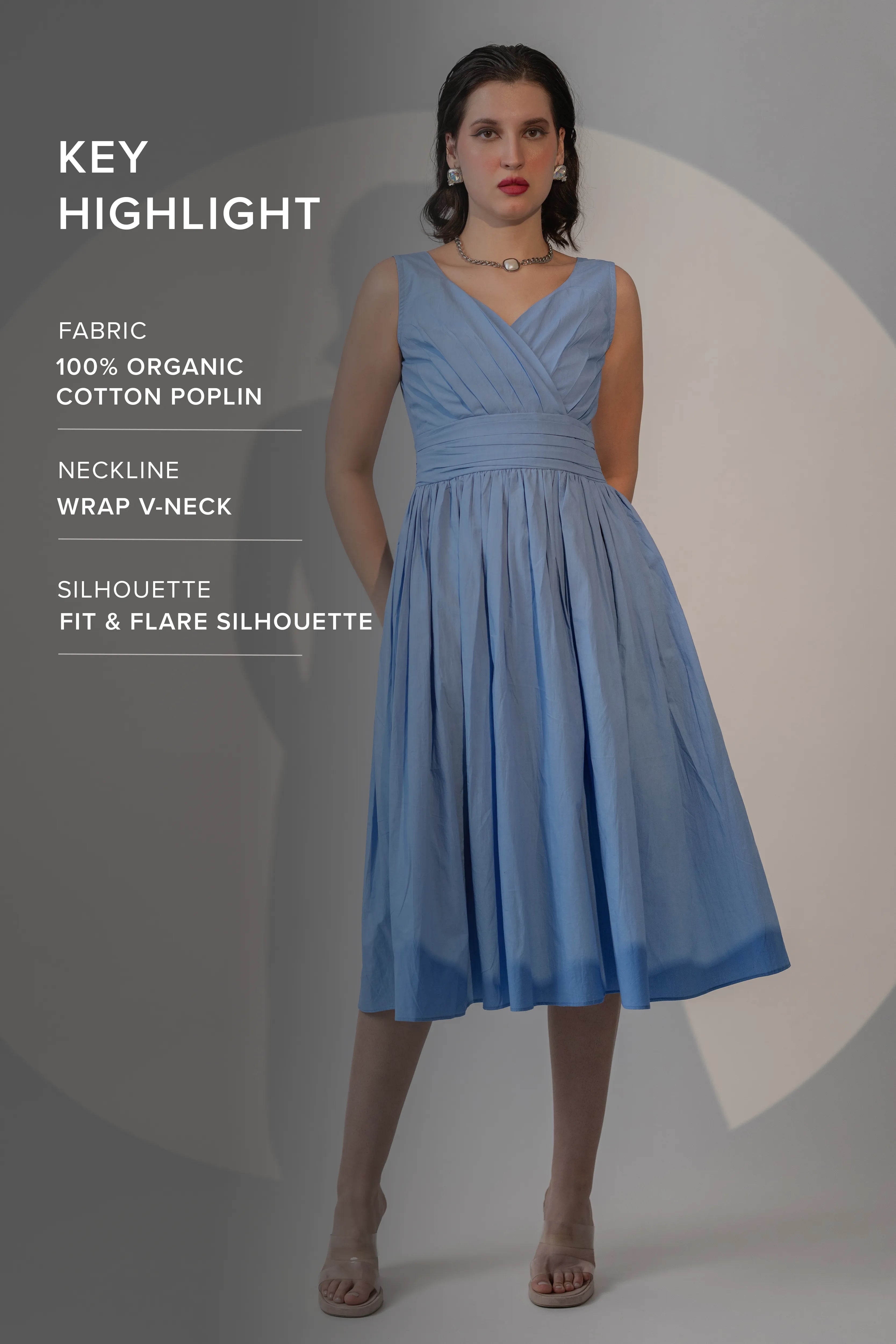 POWDER BLUE WRAP-FRONT PLEATED MIDI DRESS
