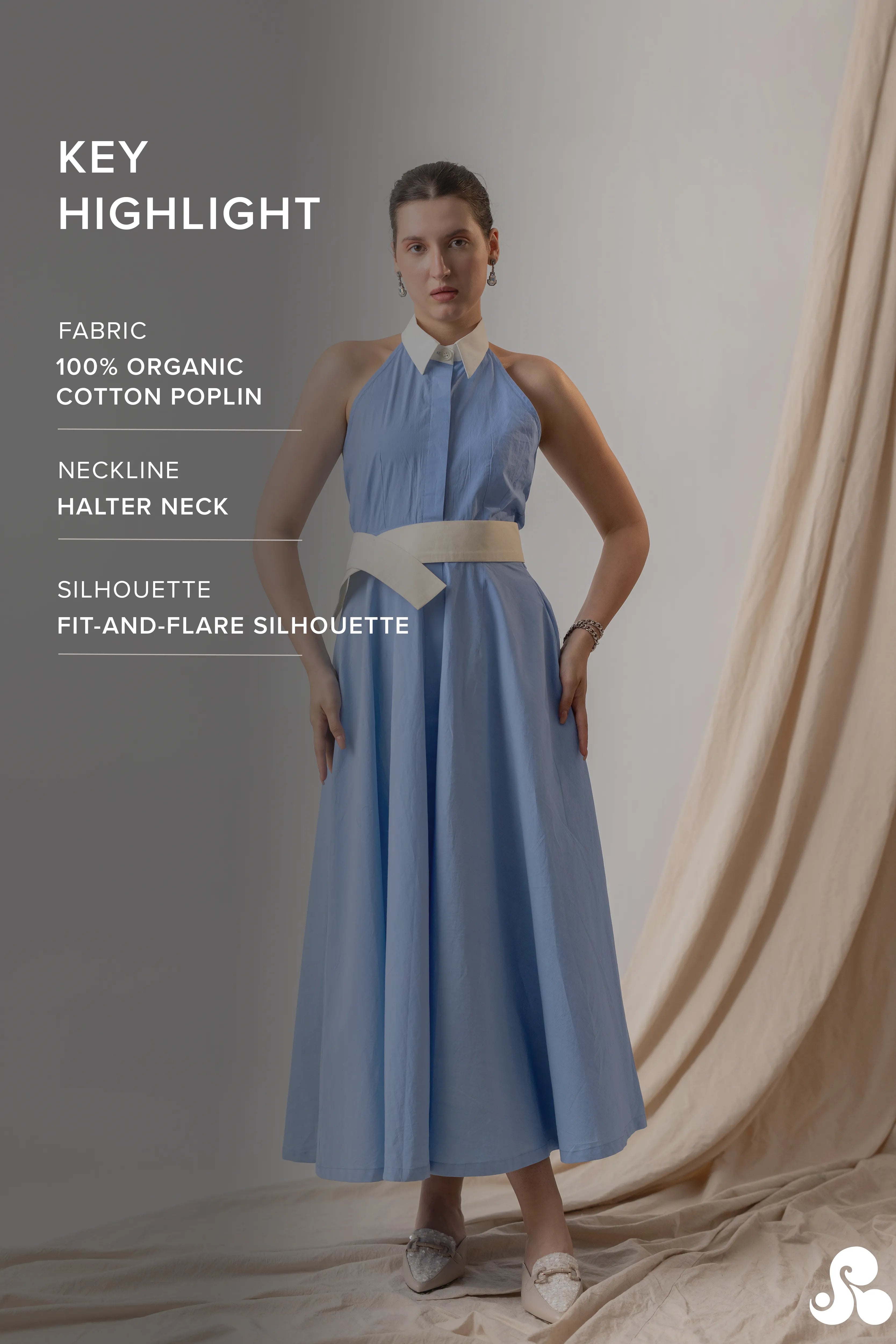 POWDER BLUE COTTON POPLIN HALTER MIDI DRESS
