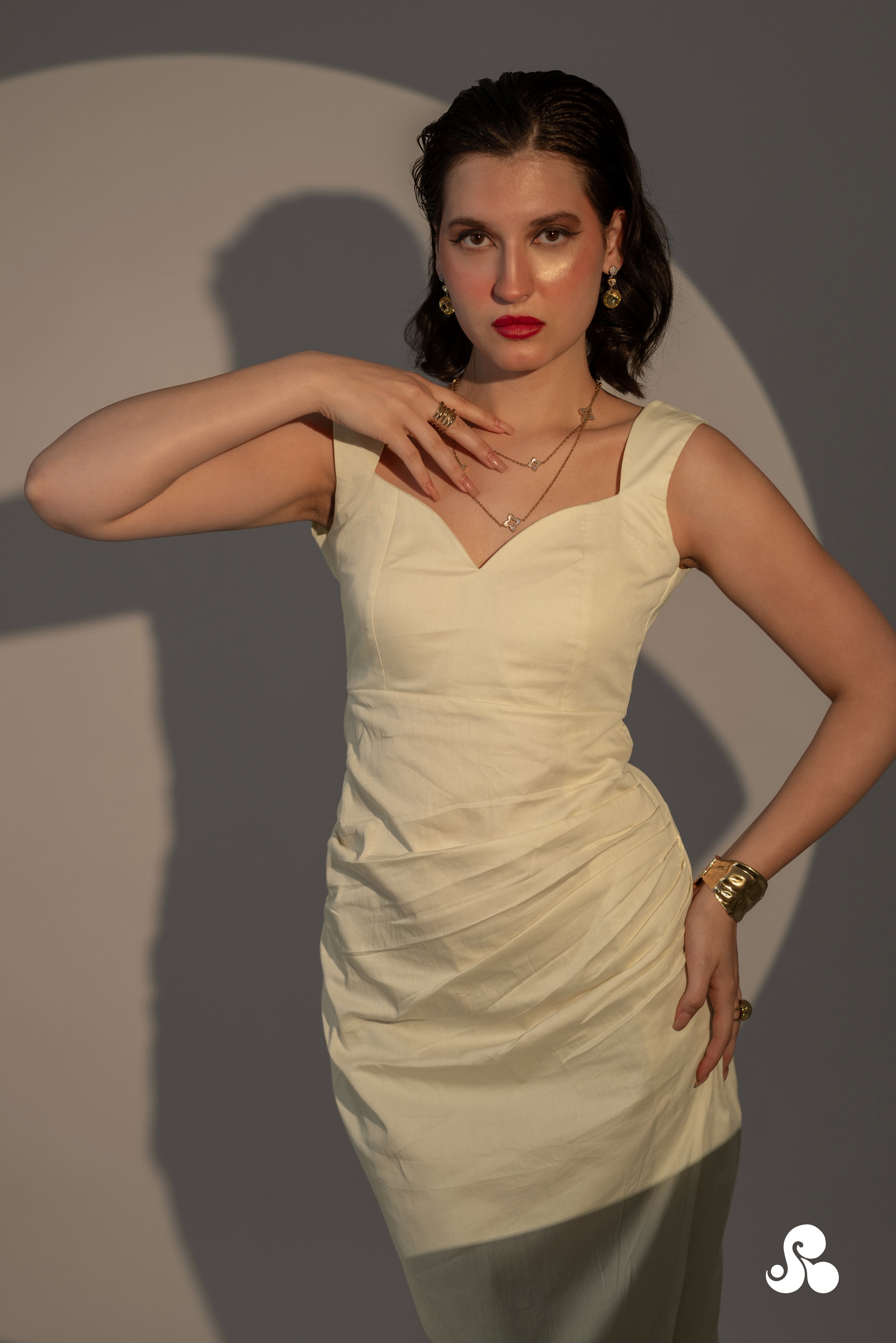 RUCHED COTTON SATIN DRESS