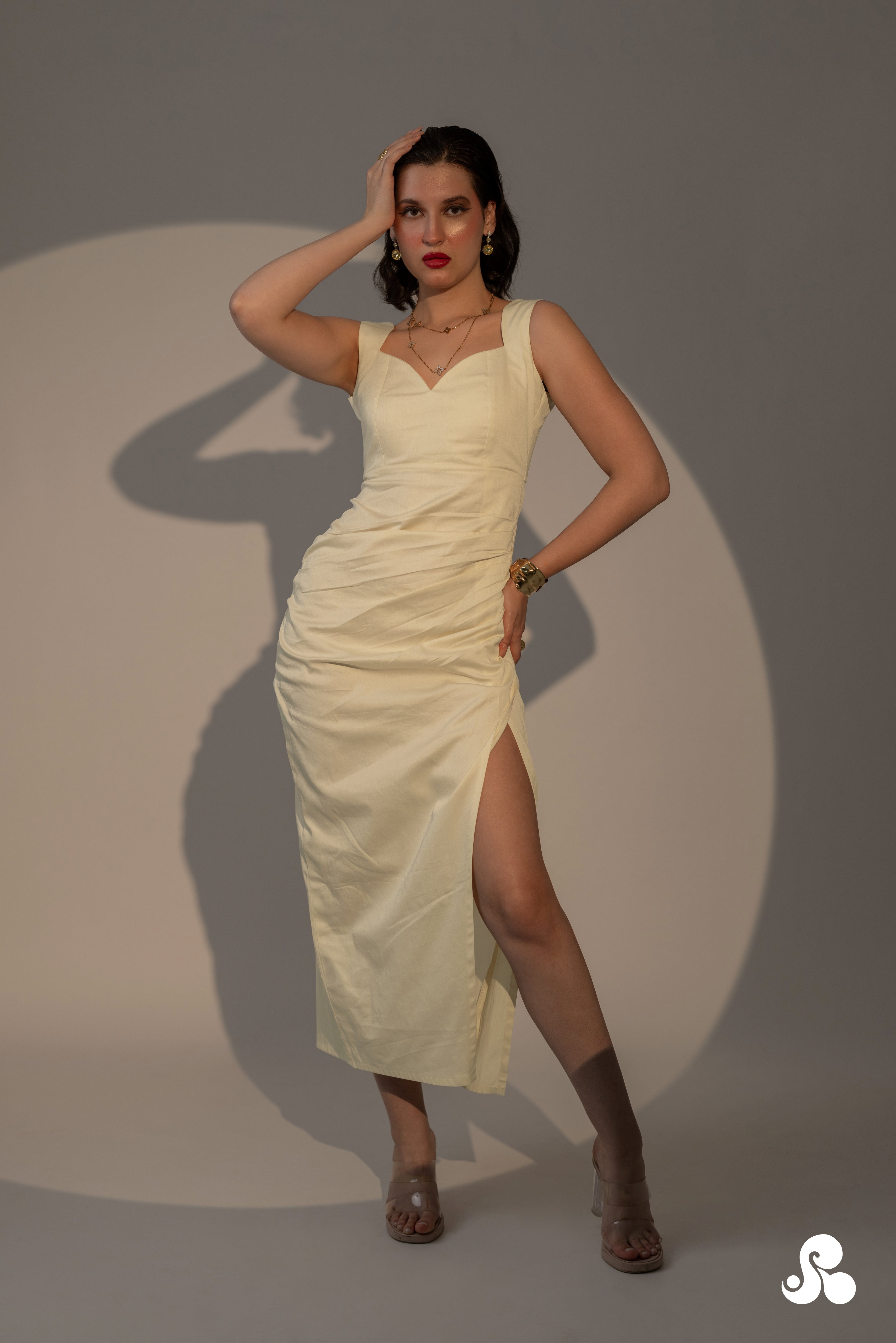 RUCHED COTTON SATIN DRESS